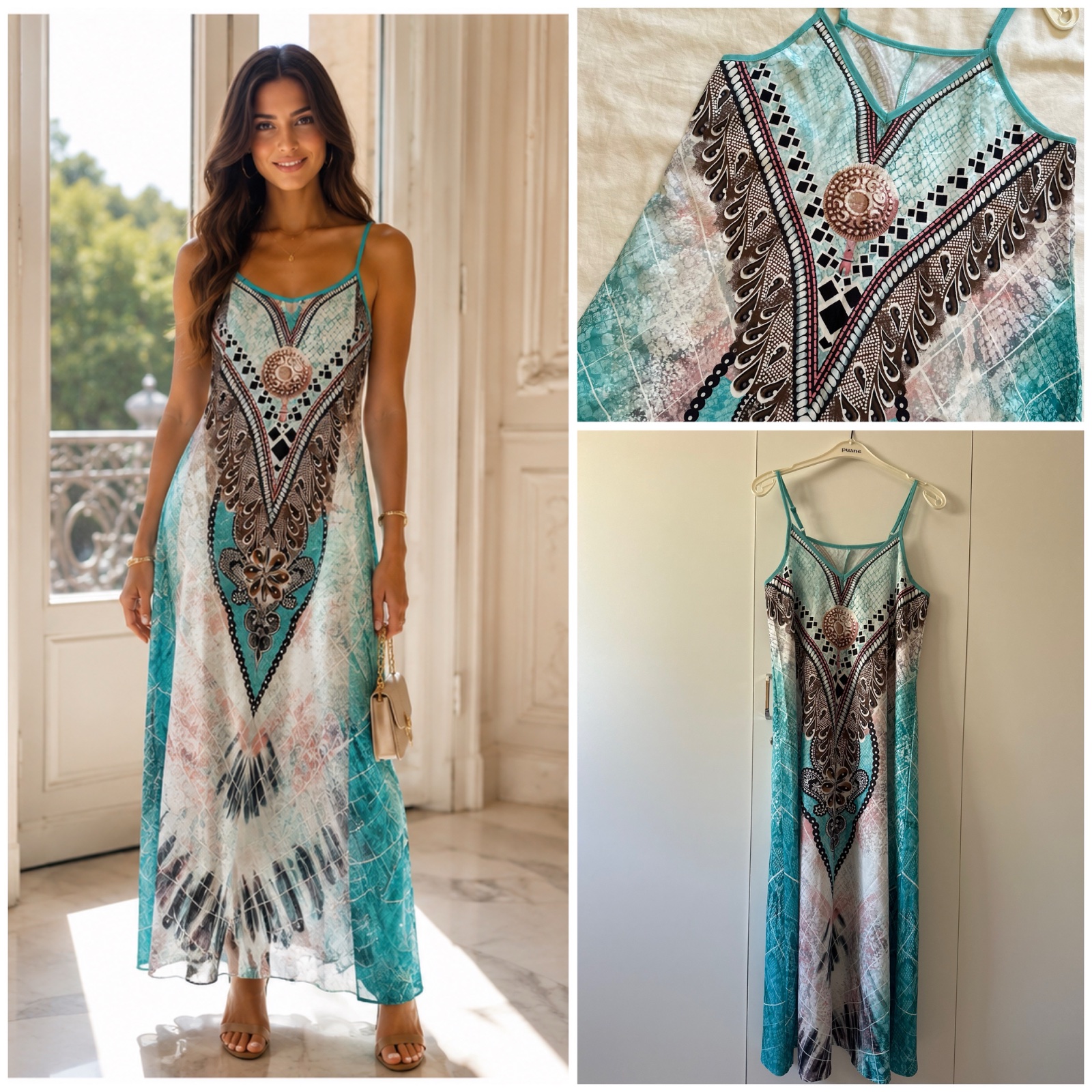 Magnifique Robe Longue Fluide à Bretelles, Imprimé Unique Style Bohème-Chic - Taille M ✨👗🔥🌹