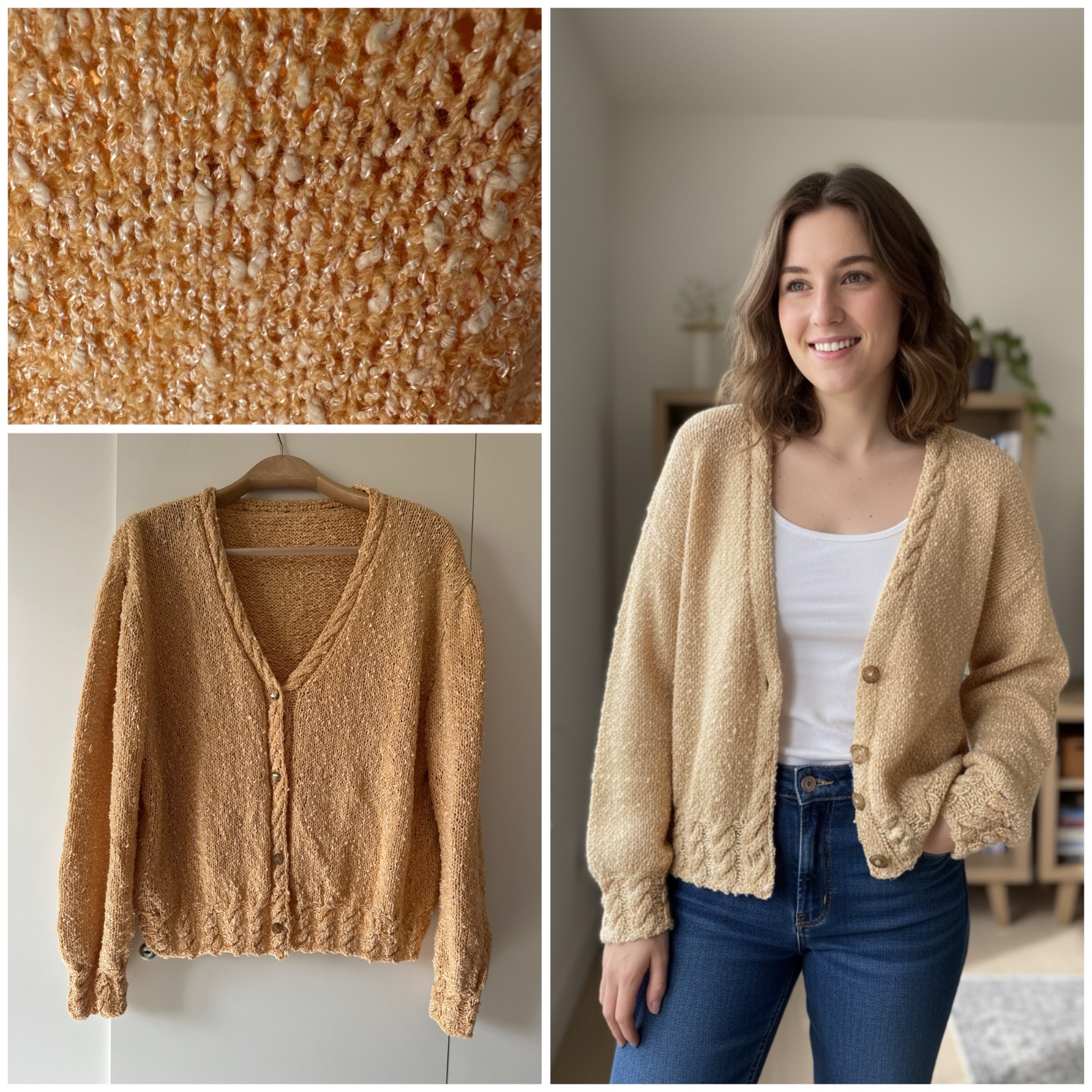 ✨ Cardigan Artisanal "Miel" à Torsades – Pièce Unique ✨
