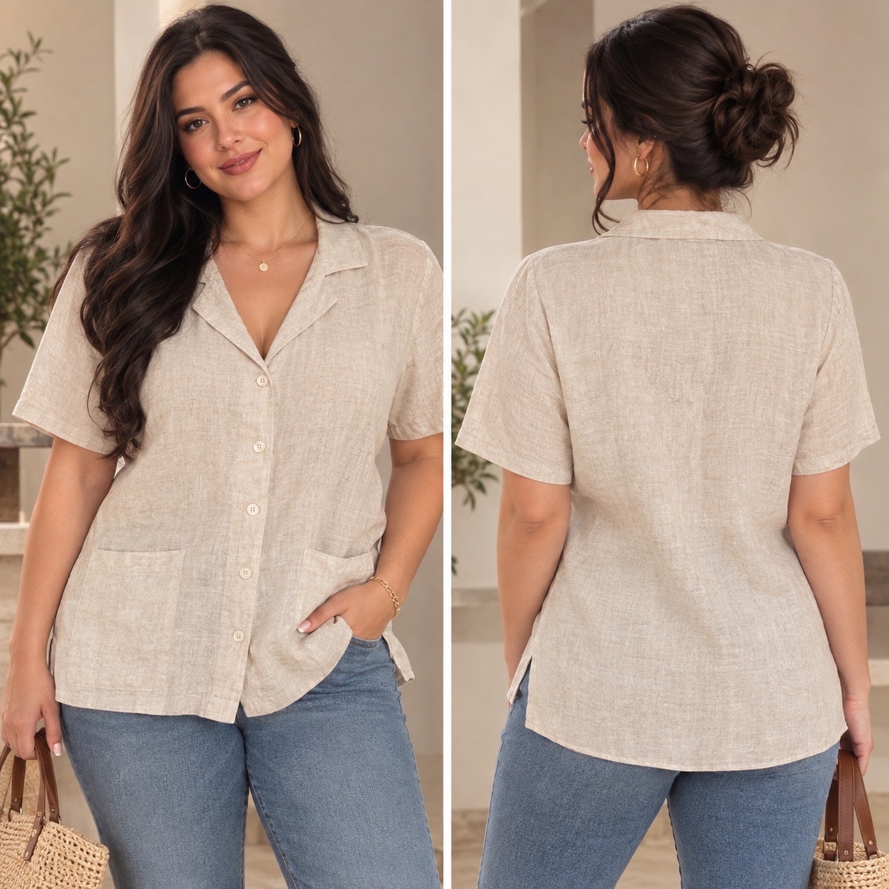 ✨ Chemise CANDA by C&A Beige Naturel – Coupe Fluide & Confortable – Col Chemise Élégant – Manches Courtes – 2 Grandes Poches Devant – Boutonnage Ton sur Ton – Style Chic, Décontracté & Intemporel 🌿✨🔥✨🥰