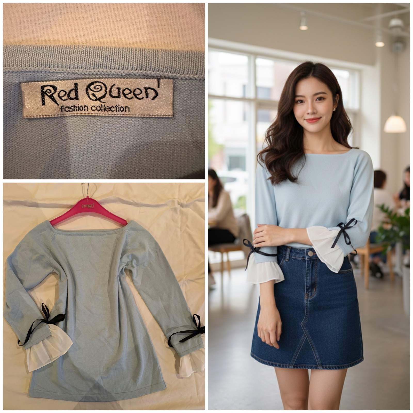 Haut Bleu Ciel "Coquette" – Détails Nœuds et Volants – Red Queen🌹