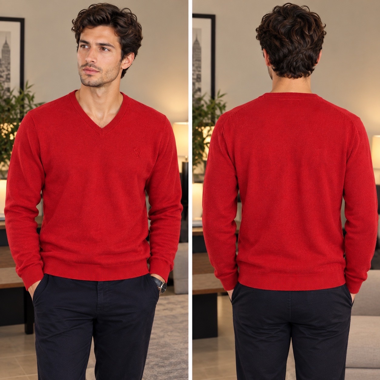 ✨ Pull Homme Otto Kern Rouge Intense 100% Coton – Col V Élégant, Style Casual Chic, Confort Premium, Taille XL ✨