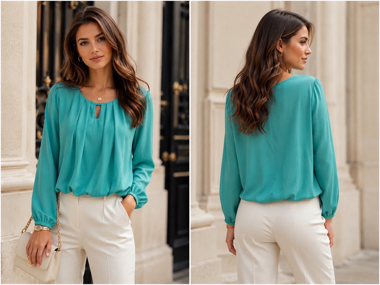 Magnifique blouse fluide turquoise d’inspiration italienne – Chic & élégante, manches longues, coupe ample et féminine ✨🩵🌹🥰🔥🌸