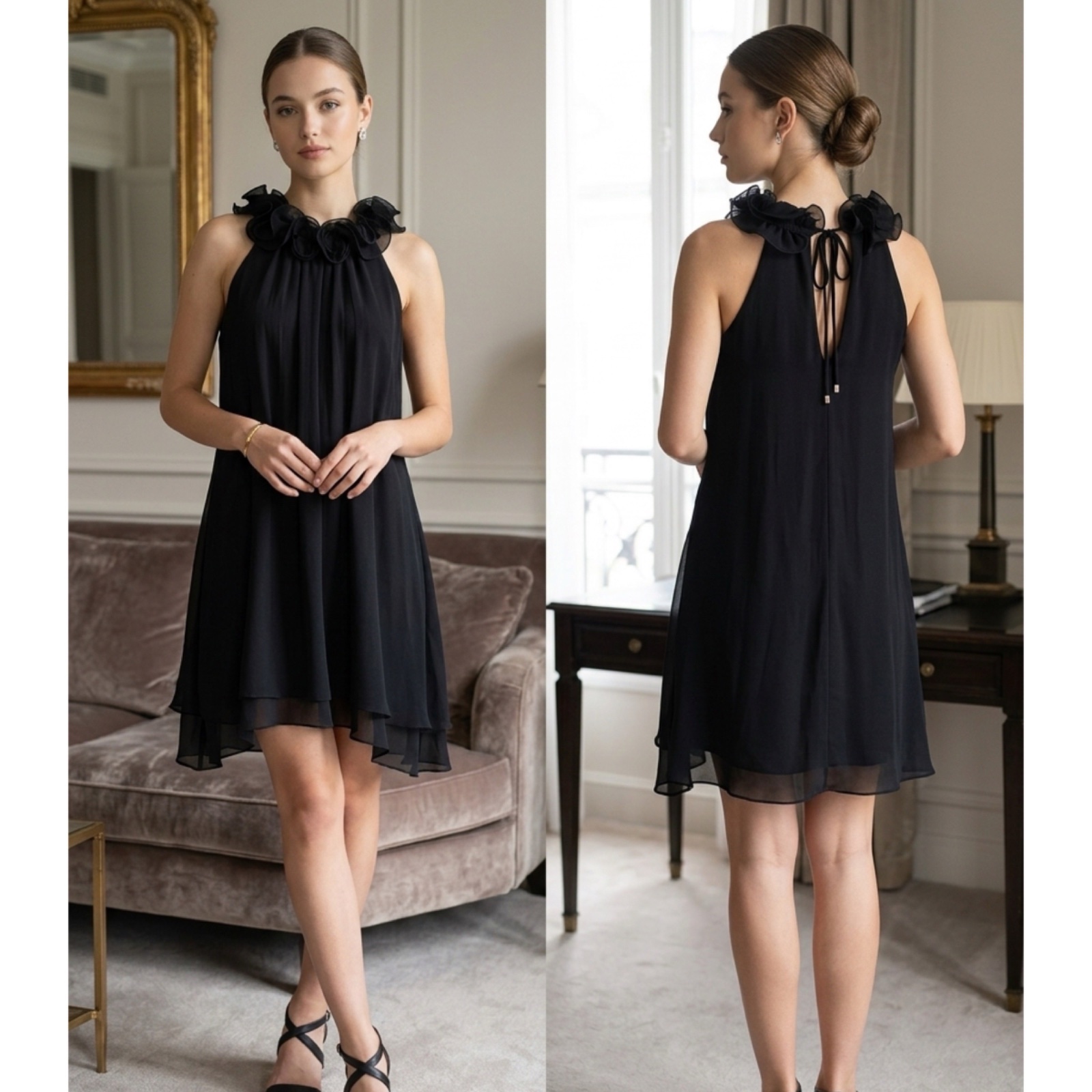 🌟 Robe Chiffon Noire Chic "Le Group" – Made in Italy – Détails Volants & Dos Nu – État Neuf 🌹✨🔥💕