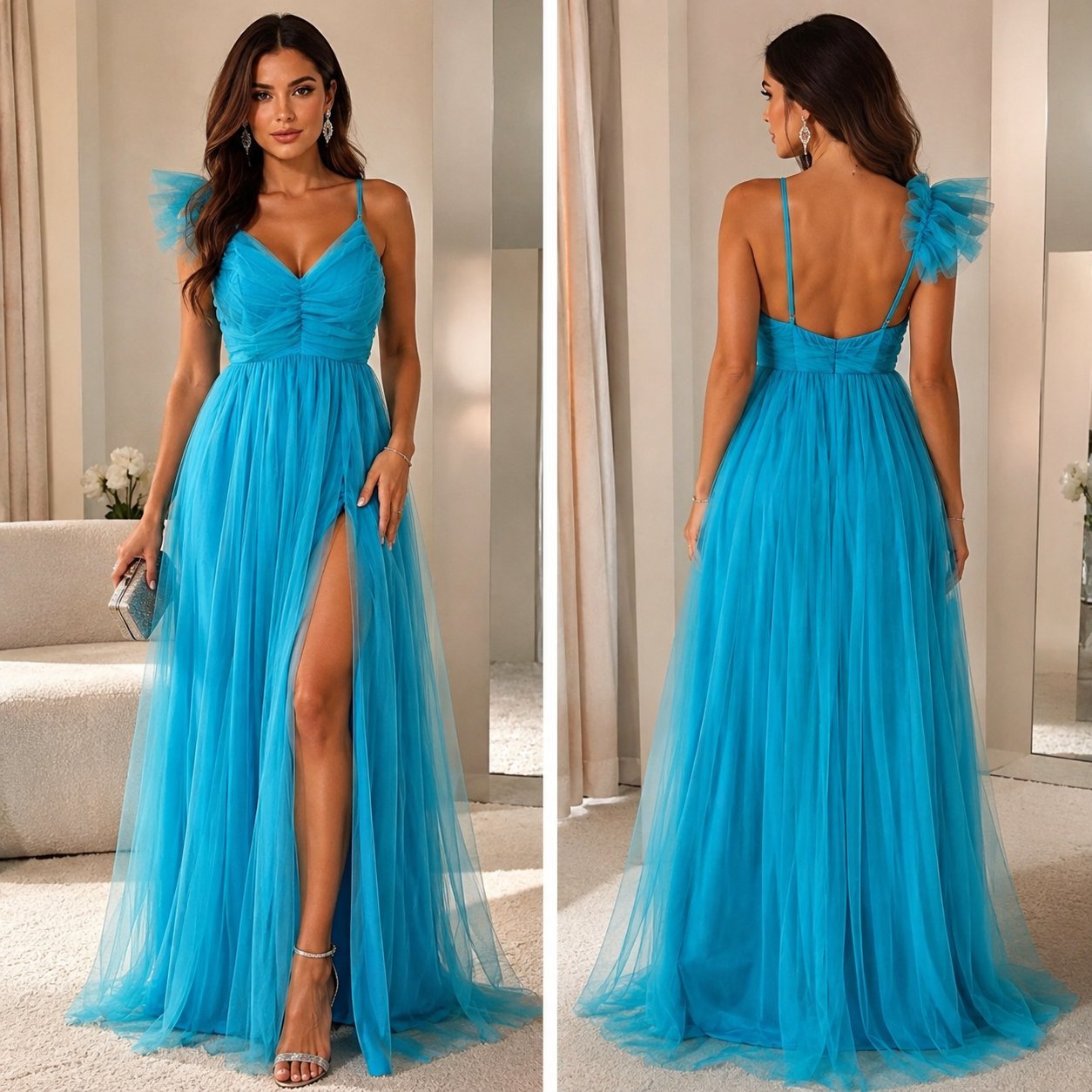 🎀✨Robe longue de soirée turquoise en tulle ✨ Drapée & élégante – Fente latérale – Dos chic – Style princesse🎀🌹🩵❤️‍🔥🔥✨