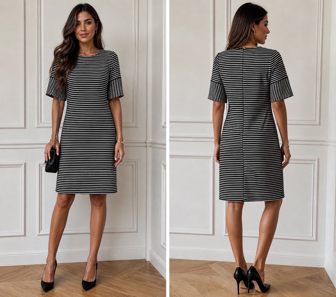 👗 Robe fourreau à rayures OVS – Coupe Chic & Manches Cloches – Taille S🔥🌹✨