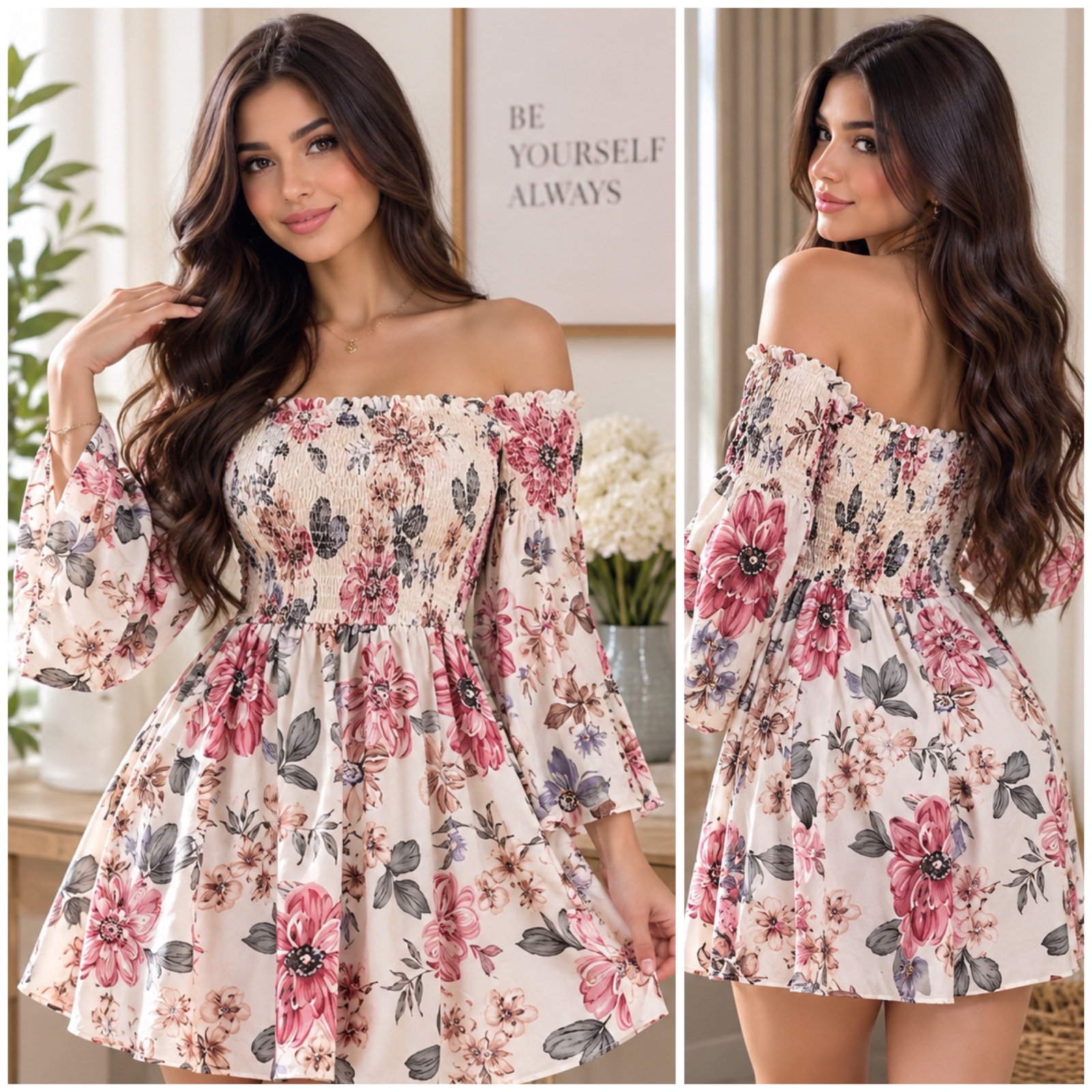 ✨ Robe SHEIN fleurie romantique & élégante – Épaules dénudées, manches bouffantes, coupe fluide & féminine 🌷🤍🌸🥰