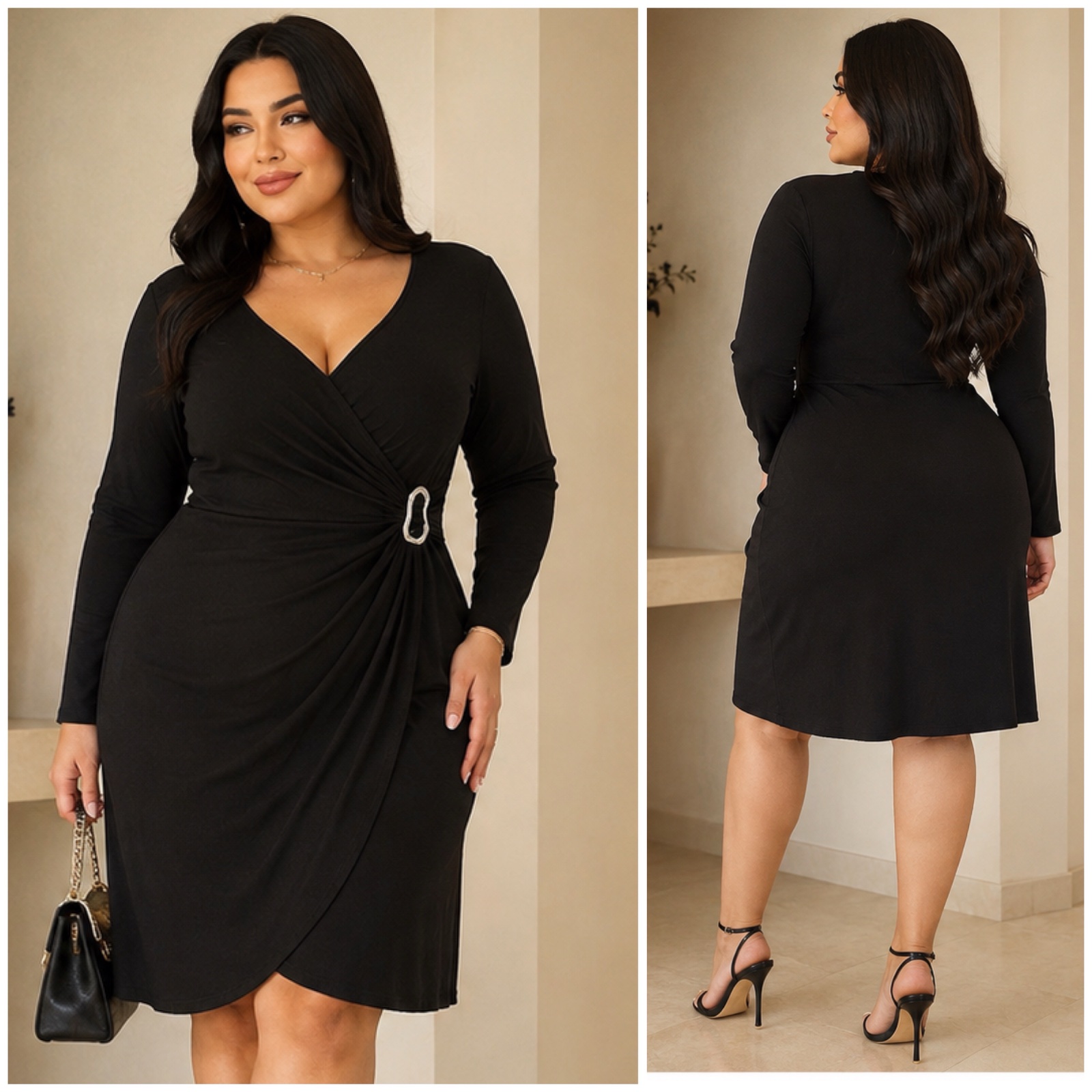 🌹✨ Robe Noire Cache-Cœur SHEIN Élégante & Féminine – Coupe Flatteuse Curvy Chic avec Boucle Métallique Argentée🔥🌹🥰✨