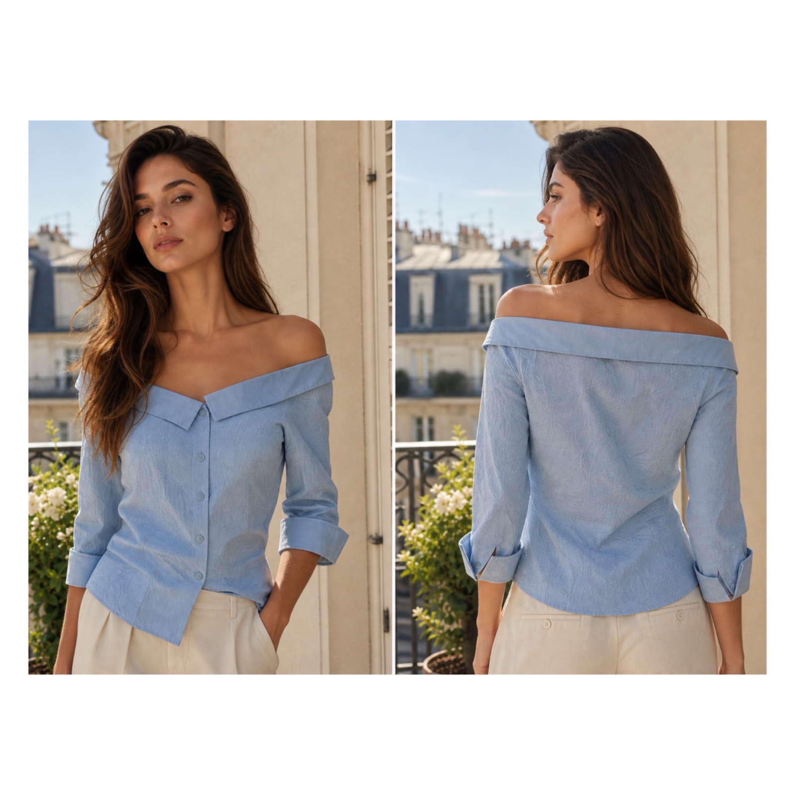 ✨ Sublime Chemise de Luxe "And Camicie" Italienne – Col Bardot Épaules Dénudées & Broderies Florales en Relief – Bleu Ciel Chic 💎🔥🌸🌹✨