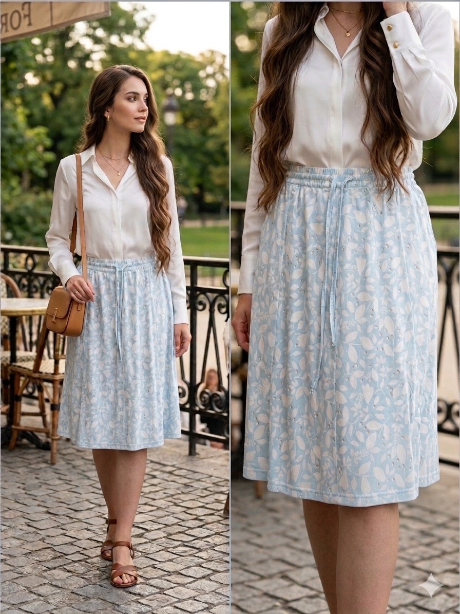 Superbe Jupe DAMART Fleurie Bleu Ciel – Taille 42/44 – État Neuf avec Poches & Doublée ✨💞🔥🌹🌸💕🥰