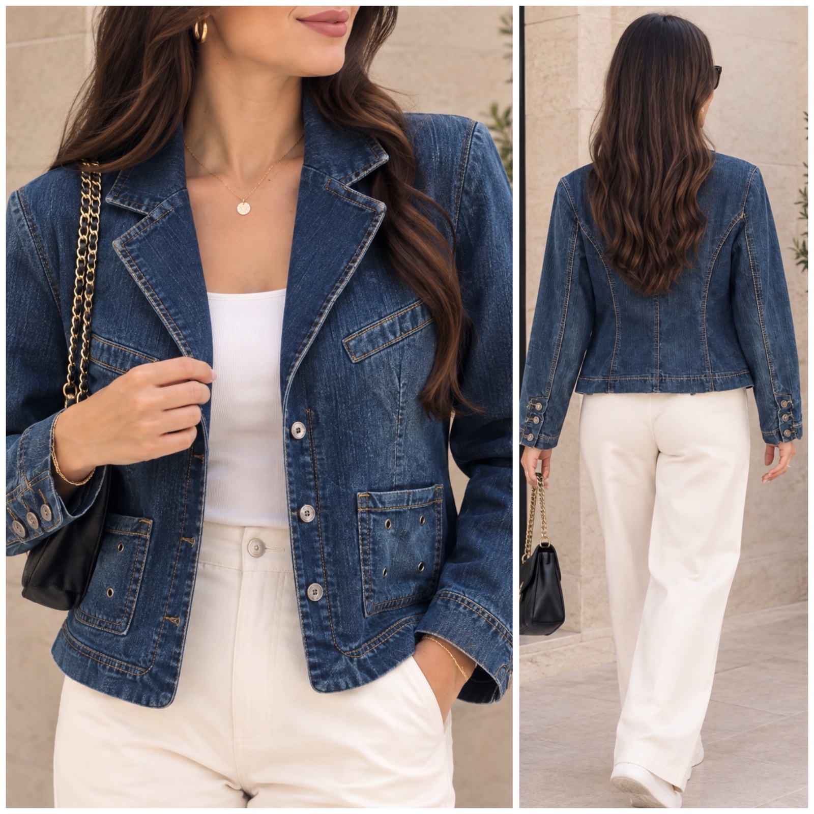✨ Veste blazer en jean bleu denim chic & élégante – coupe courte ajustée, détails surpiqués & poches – style casual chic tendance ✨🔥🥰❤️