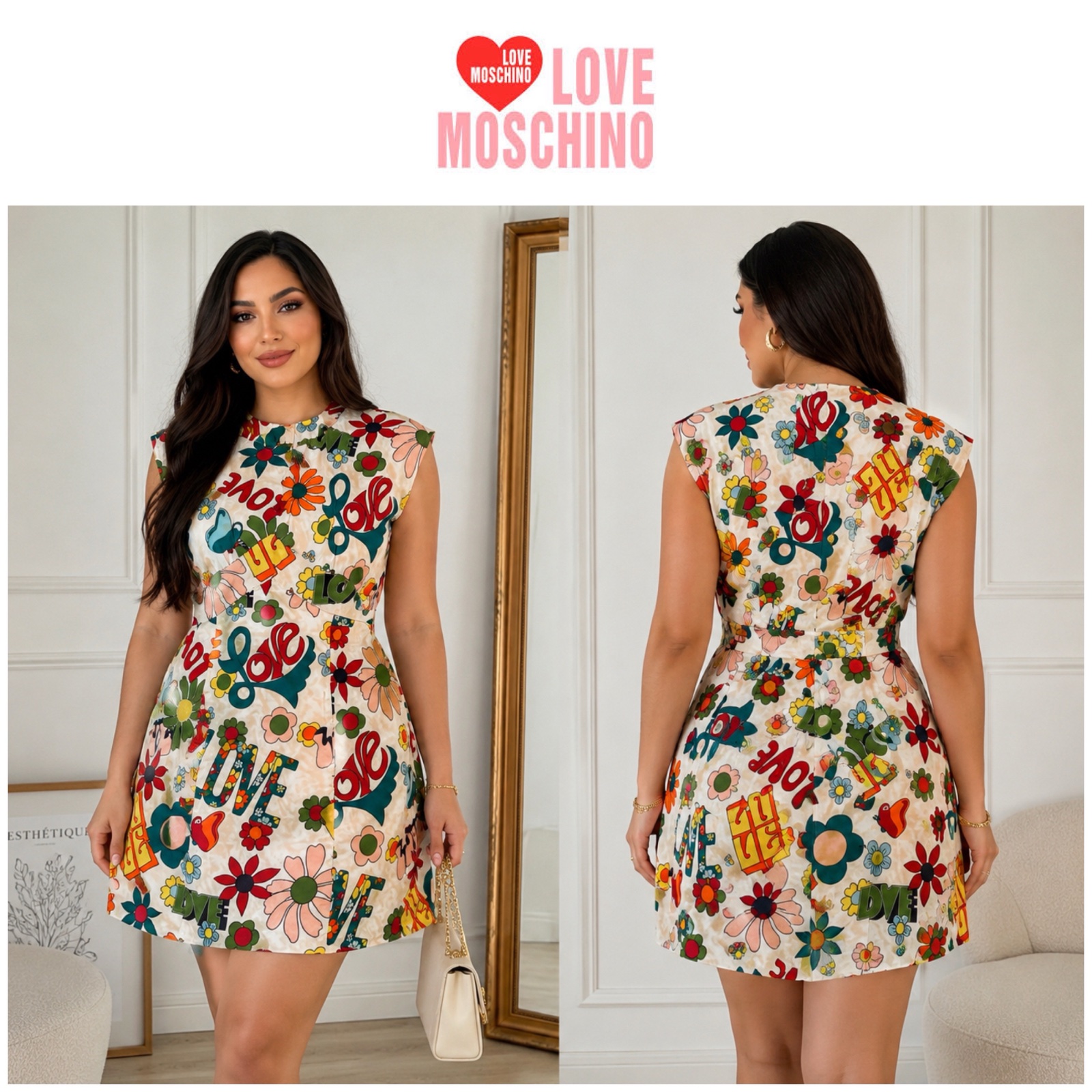 🌸✨ LOVE MOSCHINO Originale ✨🌸 Robe Chic Multicolore 💖 Made in Italy 🇮🇹 • Imprimé Floral & LOVE • 97% Coton 🌼 Taille M • Élégante & Tendance 💃🔥🌹✨🌸