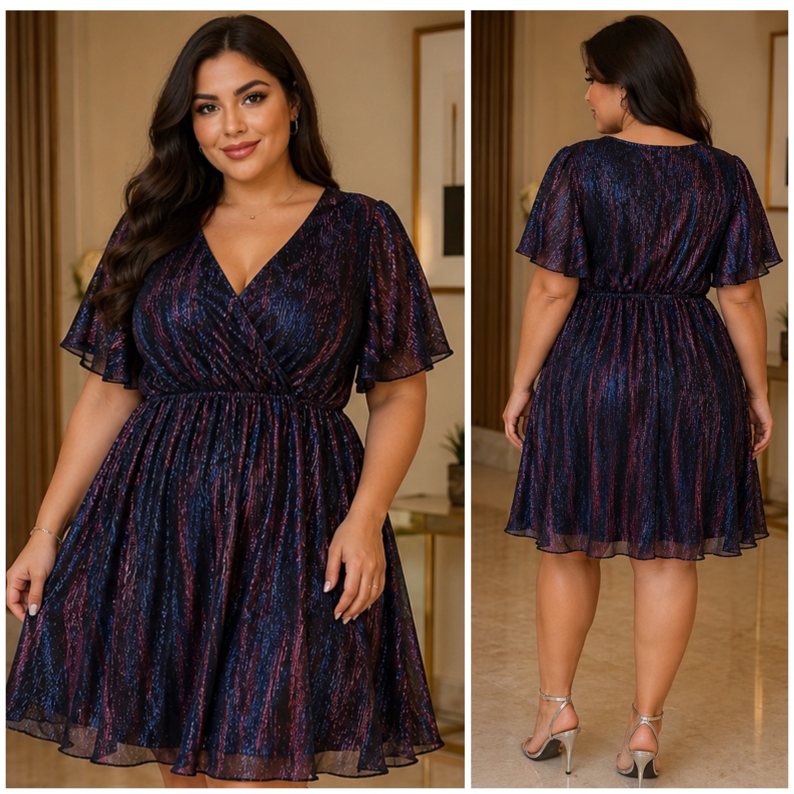 ✨ Robe SHEIN grande taille XL / EU 44 chic et élégante bleu nuit et violet scintillante à manches volantées – longueur genou🔥🌹✨💜🌸