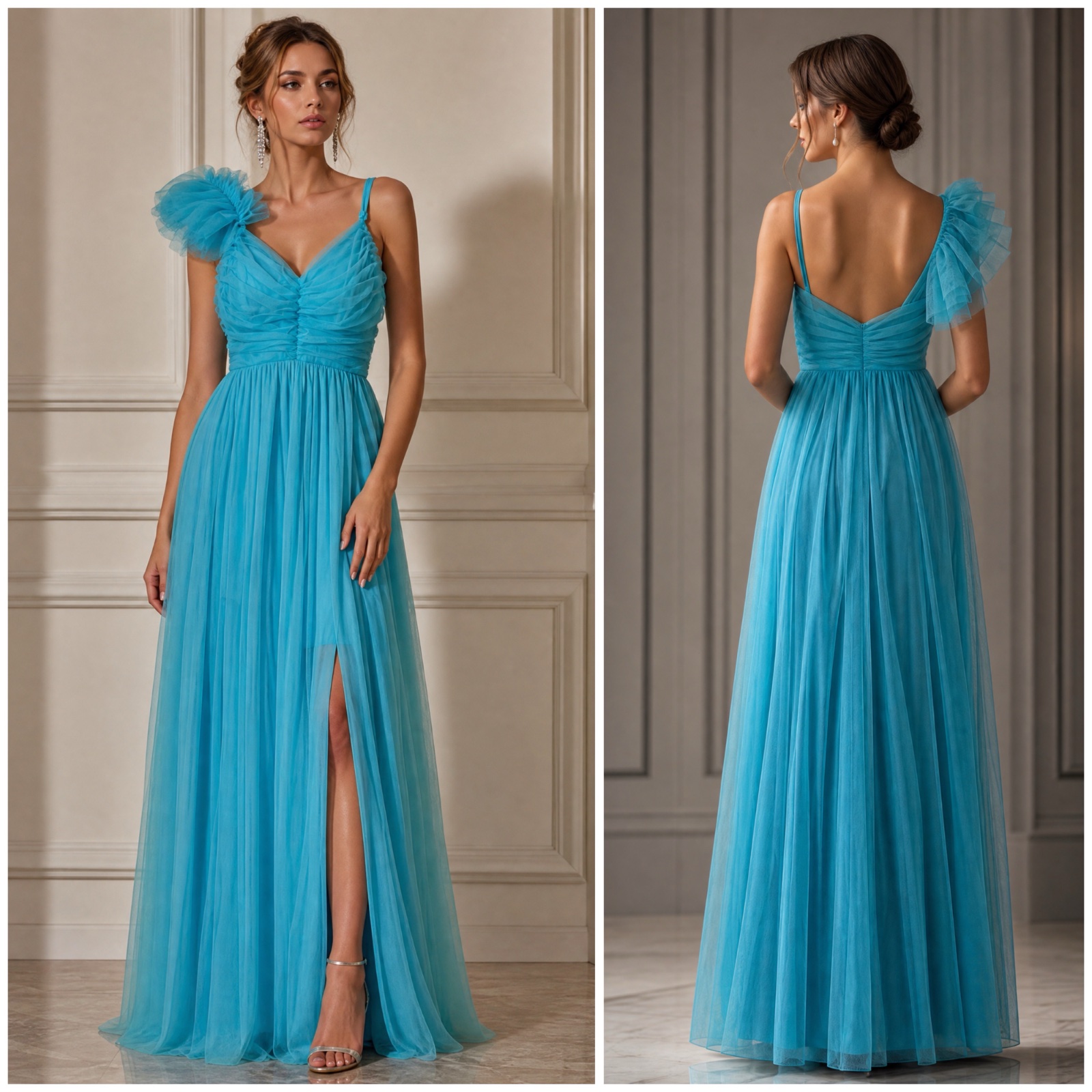 🩵💙 Sublime Robe Longue de Soirée Bleu Turquoise en Tulle – Élégance Féerique – Décolleté V Froncé – Fleur en Tulle sur l'Épaule – Fente Chic – Idéale Mariage, Fiançailles, Soirée & Cérémonie🔥🌹💕🎀🩵