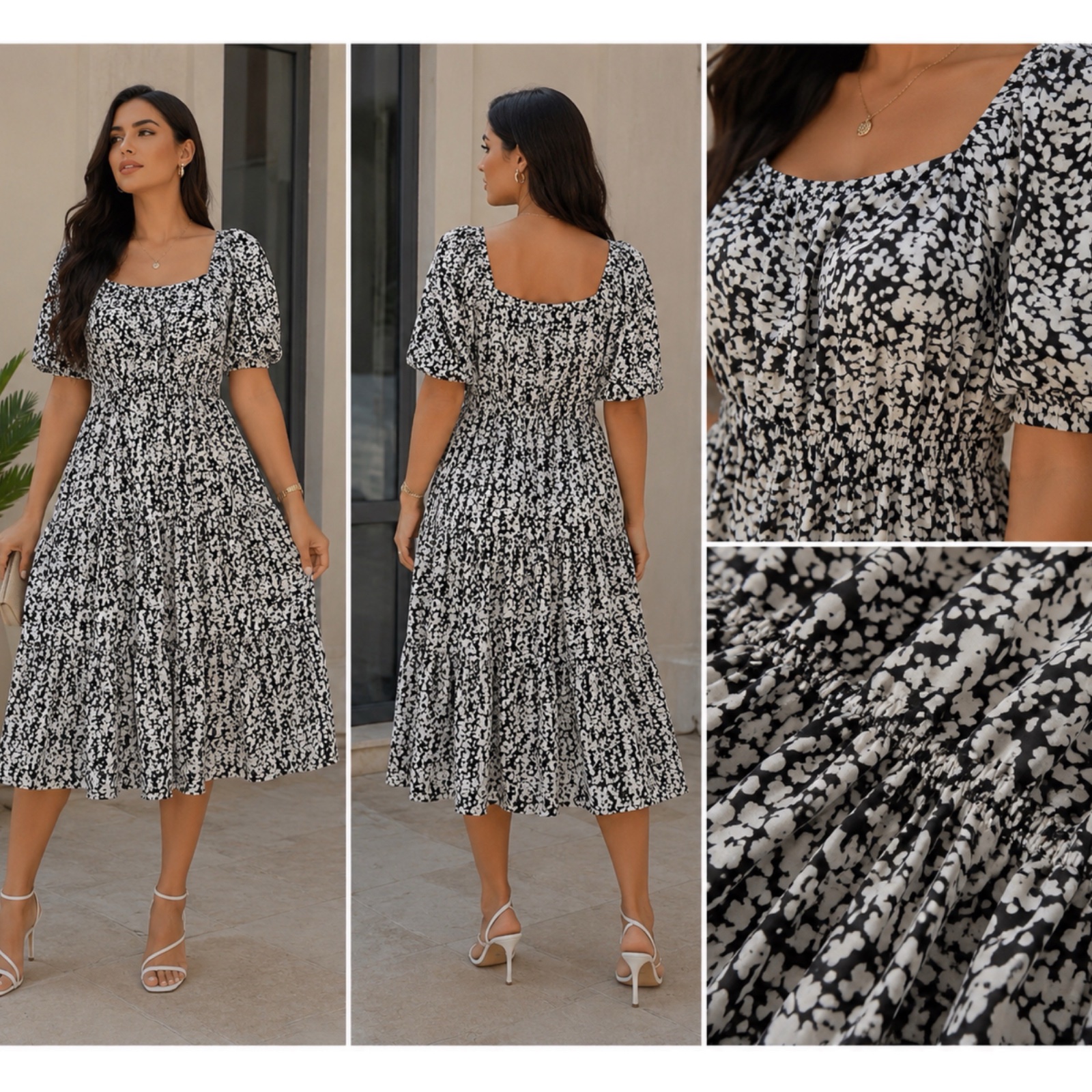 🤍 Robe  ELLI WHITE Noir & Blanc à Imprimé – Manches Bouffantes – Col Carré – Taille Smockée – Style Chic & Élégant – Taille L🔥✨🌸