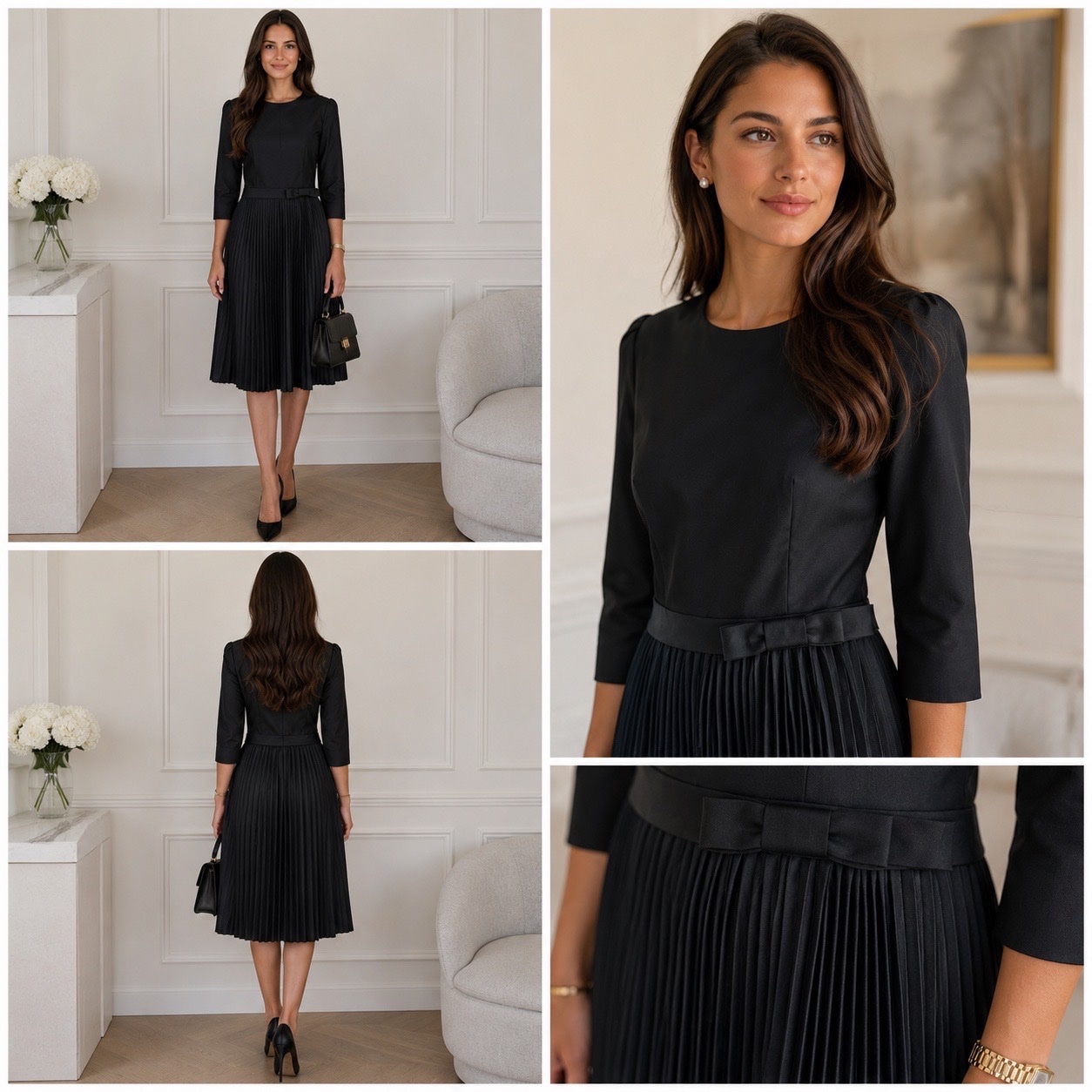 🔥Robe Noire Vintage Chic Élégante – Coupe Cintrée, Jupe Plissée & Ceinture Nœud – Idéale Soirée / Occasion (Excellent État)🔥🌹🥰✨