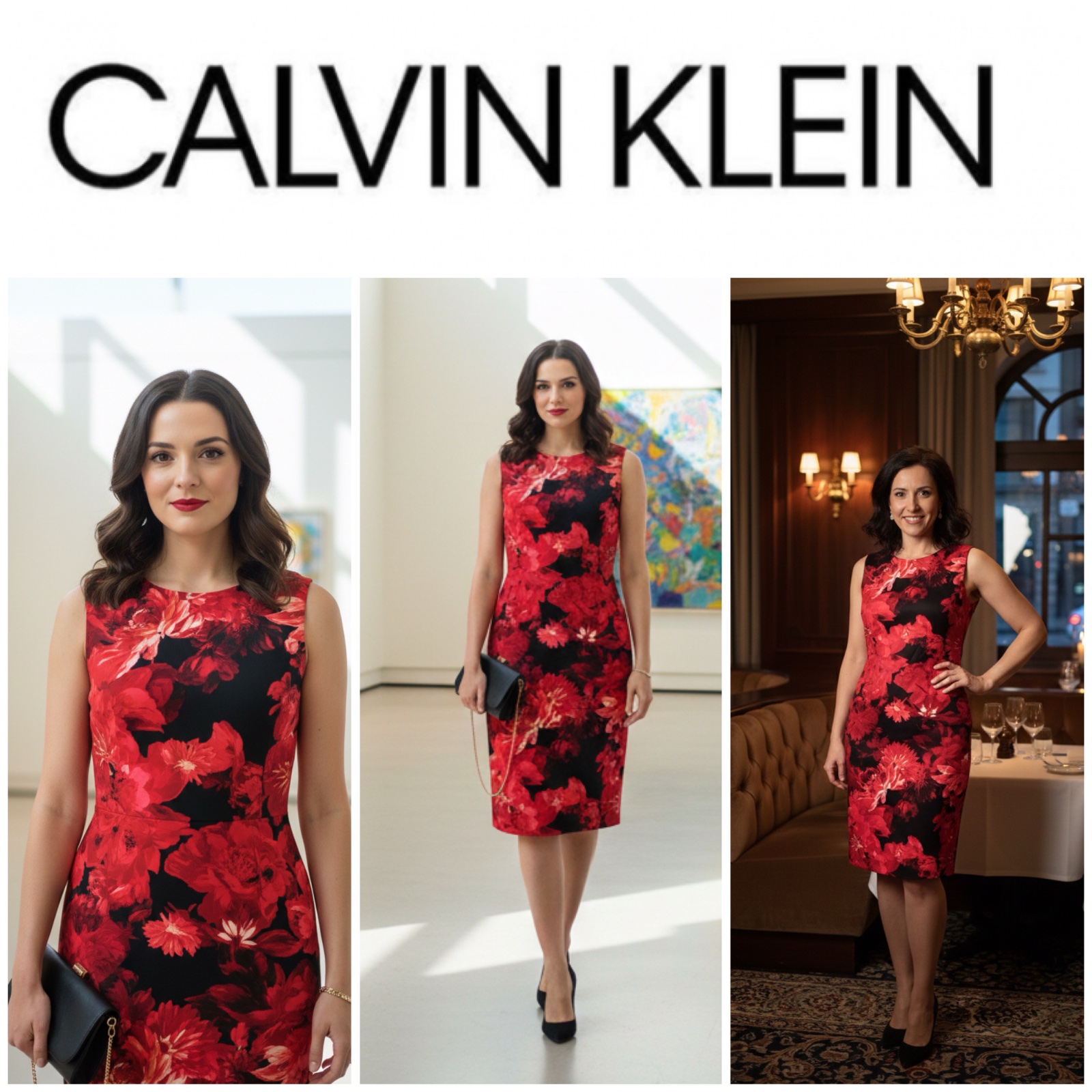 👗 Robe Fourreau Calvin Klein – Imprimé Floral Rouge & Noir🌹❤️
