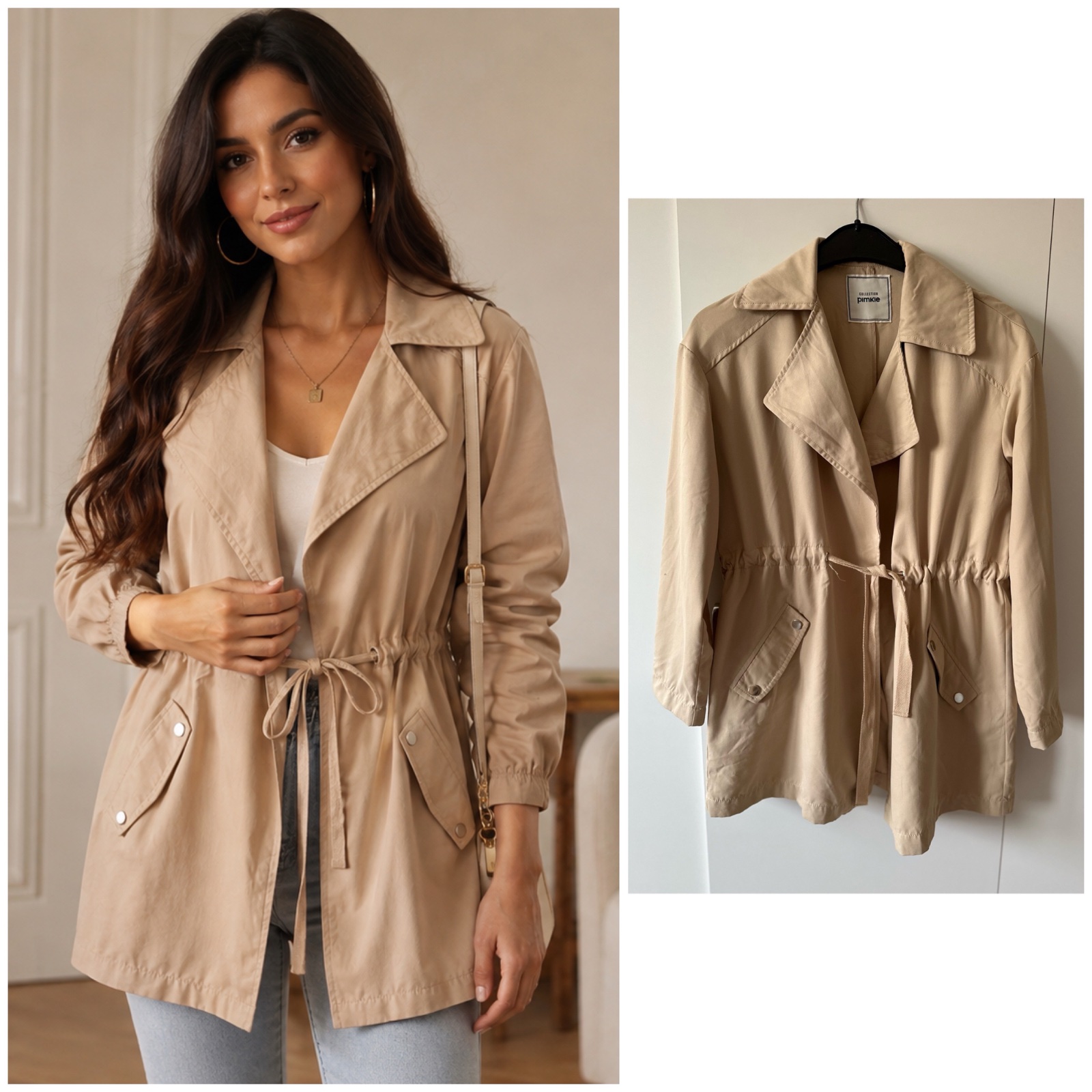 Magnifique Veste Trench Beige Poudré Femme ✨ Chic & Élégante – Taille Cintrée à Cordon – Col à Revers – Poches à Rabat Boutonnées – Style Casual Chic & Intemporel 🤎🔥✨