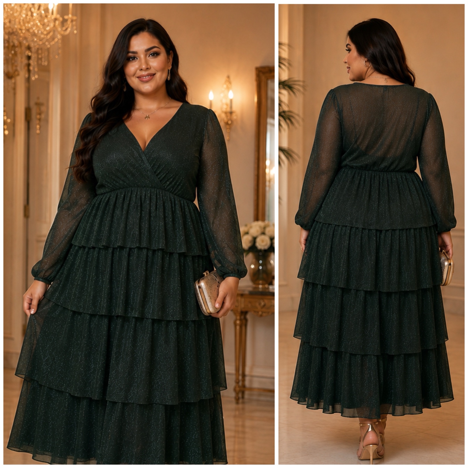 💚 Robe SHEIN Grande Taille 3XL Vert Émeraude Pailletée ✨ Élégante & Chic – Manches Transparentes – Coupe Fluide à Volants – Idéale Soirée, Fête & Occasion Spéciale 💚🌹✨🔥🌸🥰