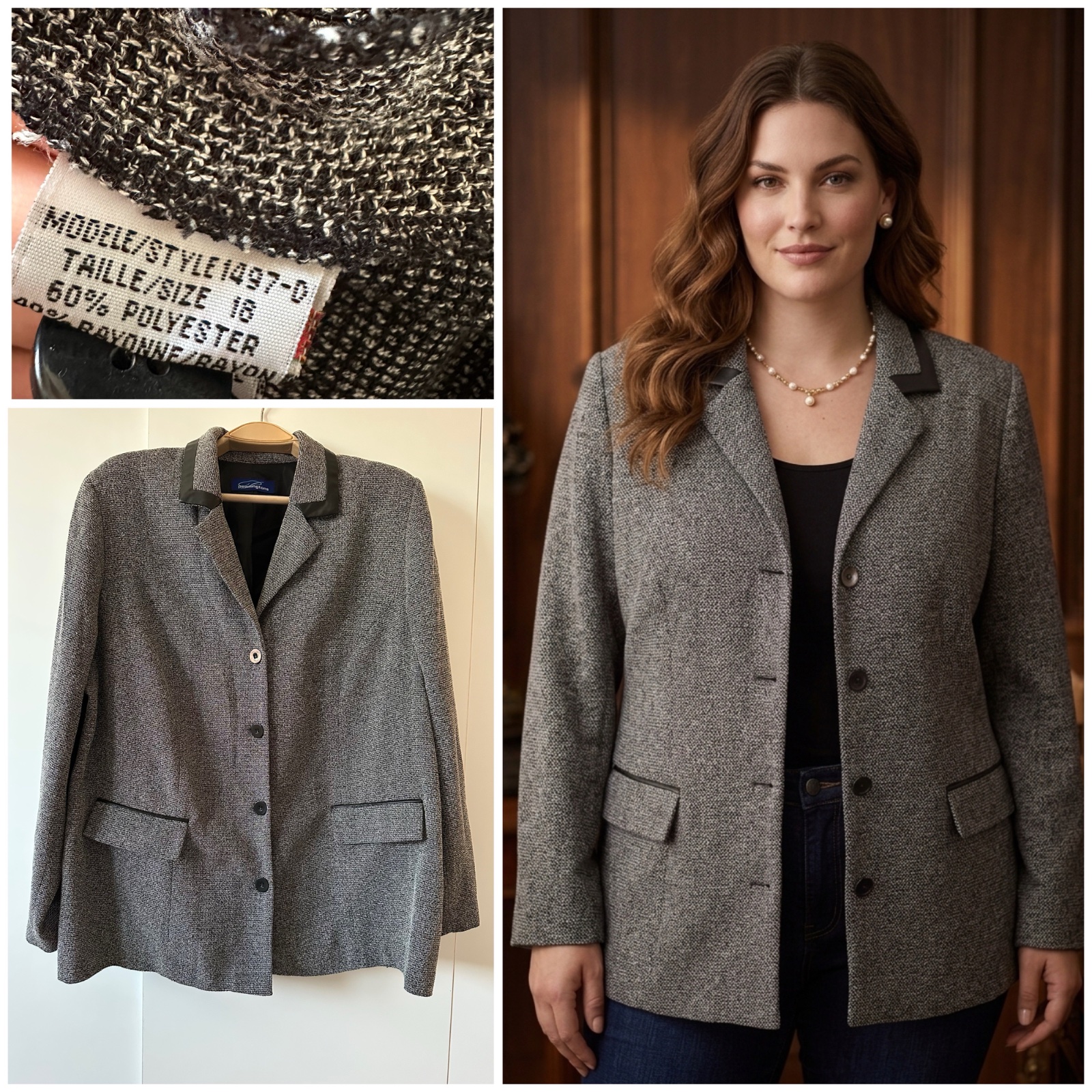 Blazer Chic Penningtons - Gris Chiné & Détails Simili Cuir - Taille 48 ✨✨🔥🌹