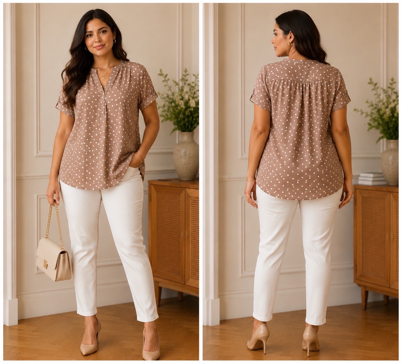 Blouse Rachel Roy XXL à pois beige chic et élégante – Coupe fluide grande taille – Style casual & bureau 🤎✨
