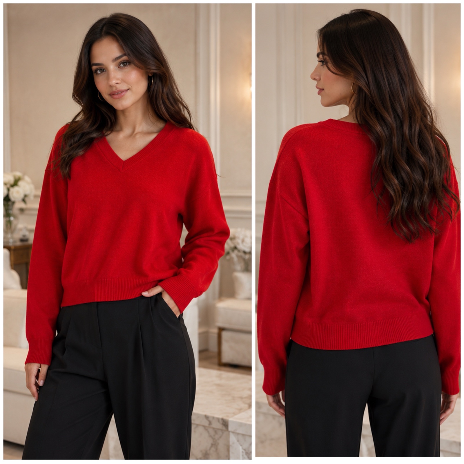 🌹✨ Pull rouge vif à col V élégant & chic – coupe intemporelle, maille douce, manches longues – style classy & féminin ❤️🥰✨🌹🔥