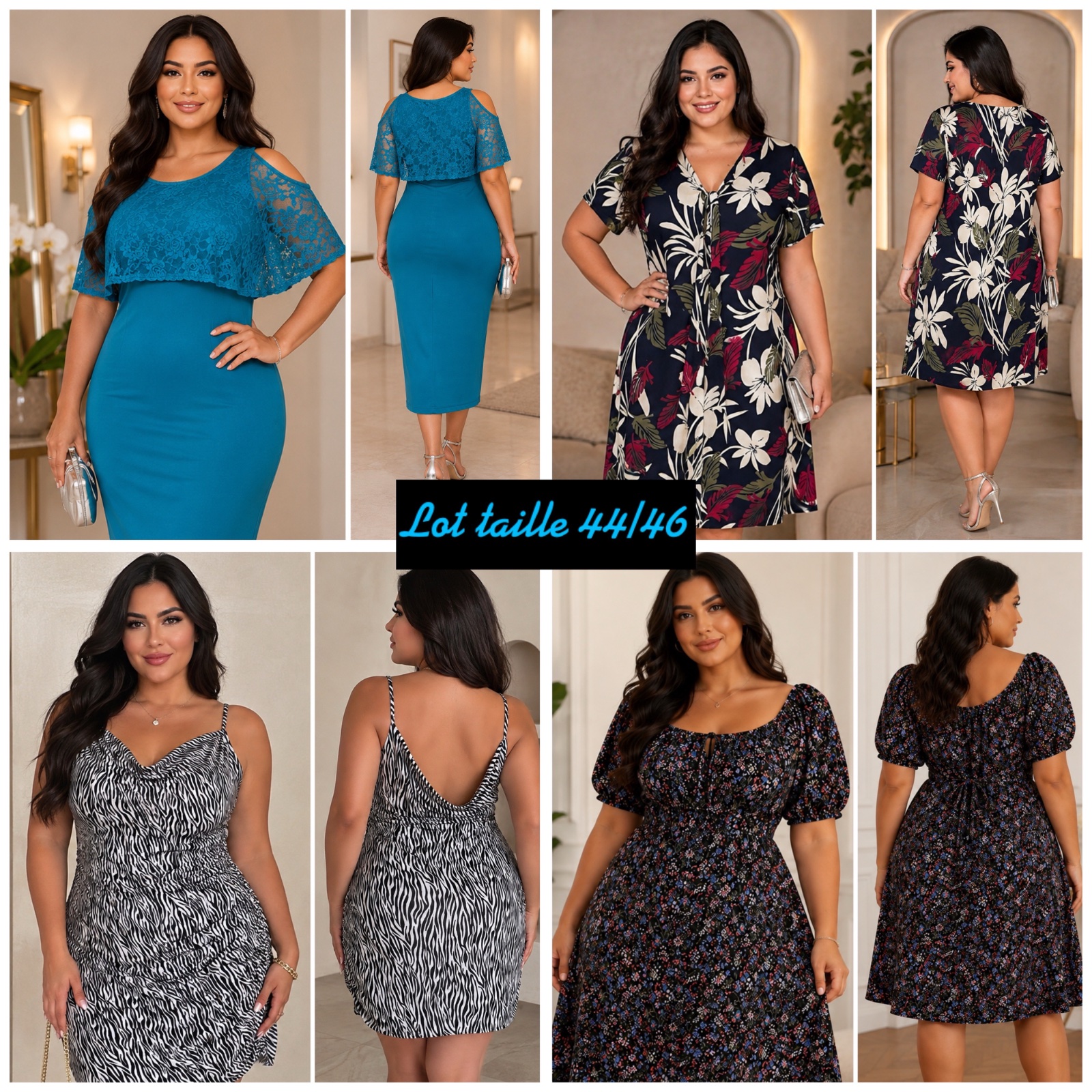 💎👗 Super Lot de 4 Robes Femme Grande Taille 44/46 – Robe Chic, Fleurie, Zébrée & Dentelle, Looks Variés et Tendance 👗💎✨🌹