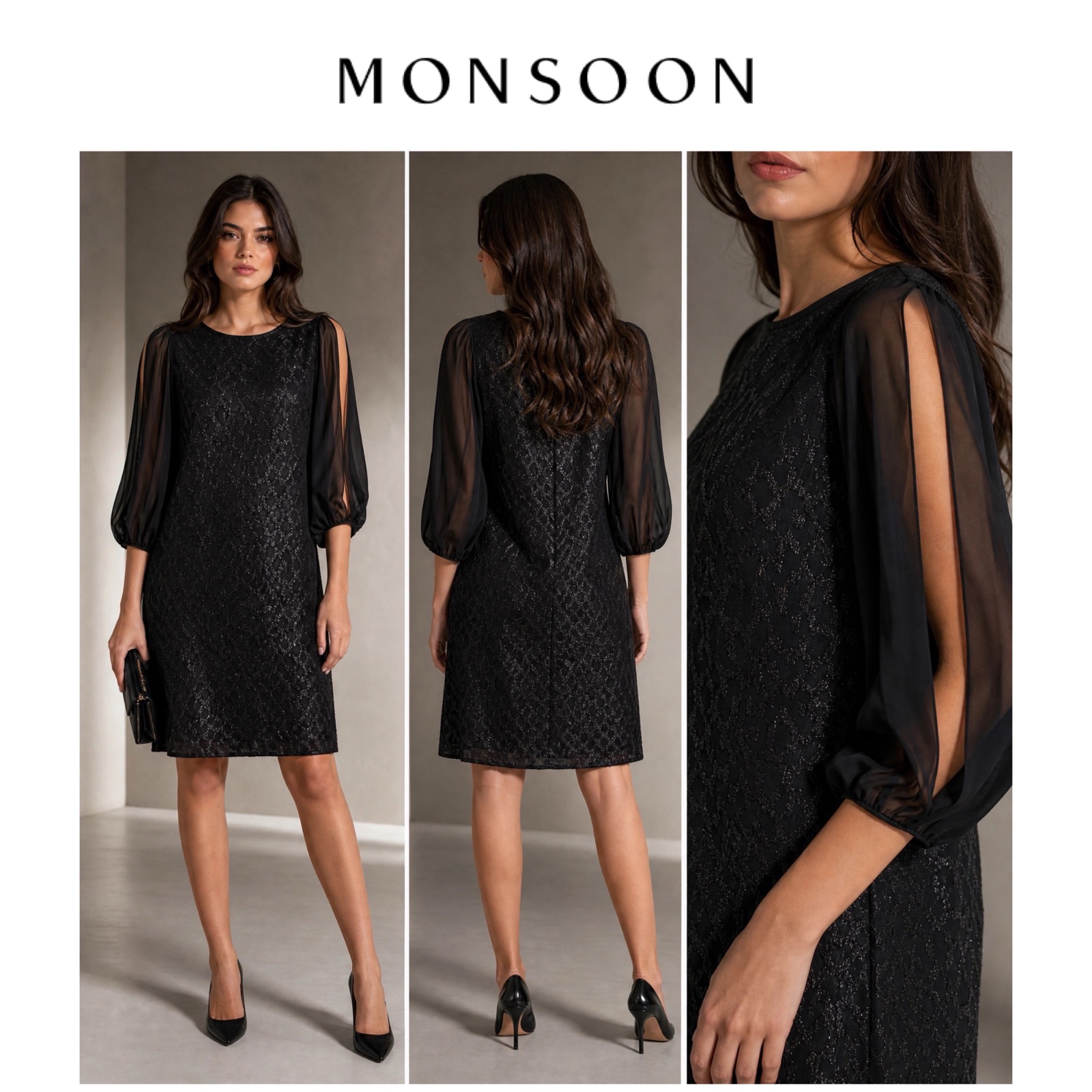   ✨🖤 MONSOON Originale – Robe noire élégante à manches bouffantes 100 % soie ✨ Effet brillant texturé • Taille 38 • Chic & raffinée • Idéale pour soirée, cérémonie, mariage & événements 💃🔥✨🌹🔥