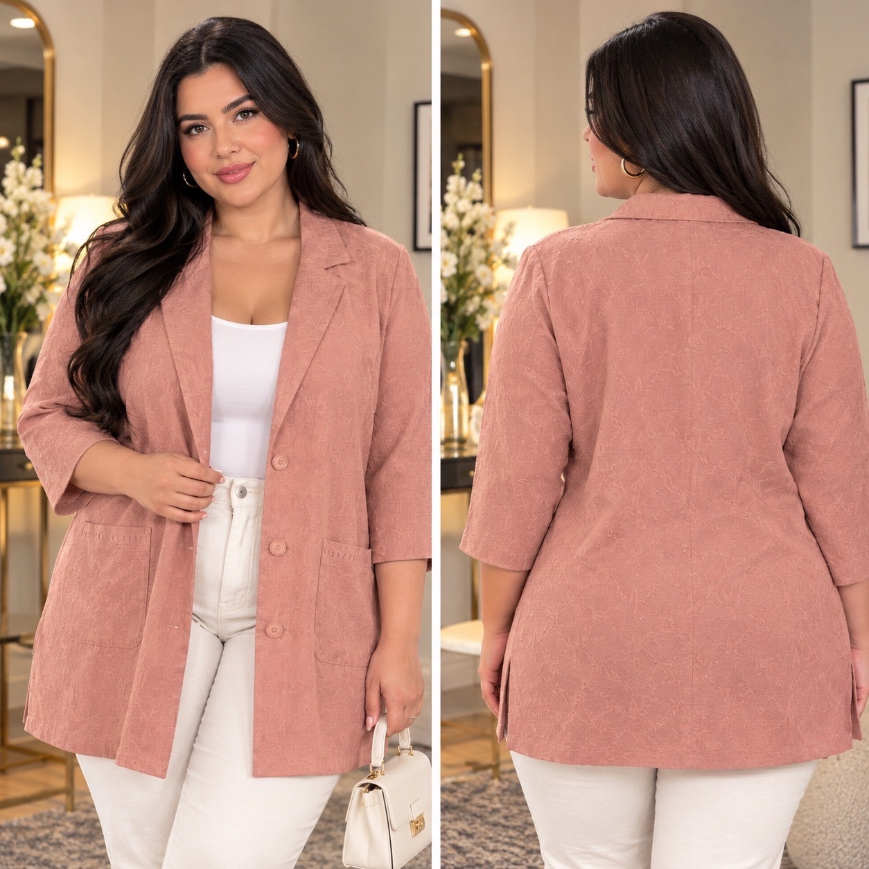 ✨🌸 ✨ Blazer Femme Rose Poudré Chic & Élégant – Coupe Longue & Fluide – Col Tailleur – Manches 3/4 – Boutonnage Devant – Grandes Poches – Jolie Texture Ton sur Ton – Style Féminin & Raffiné 🌸✨🌹🥰🔥💞💕