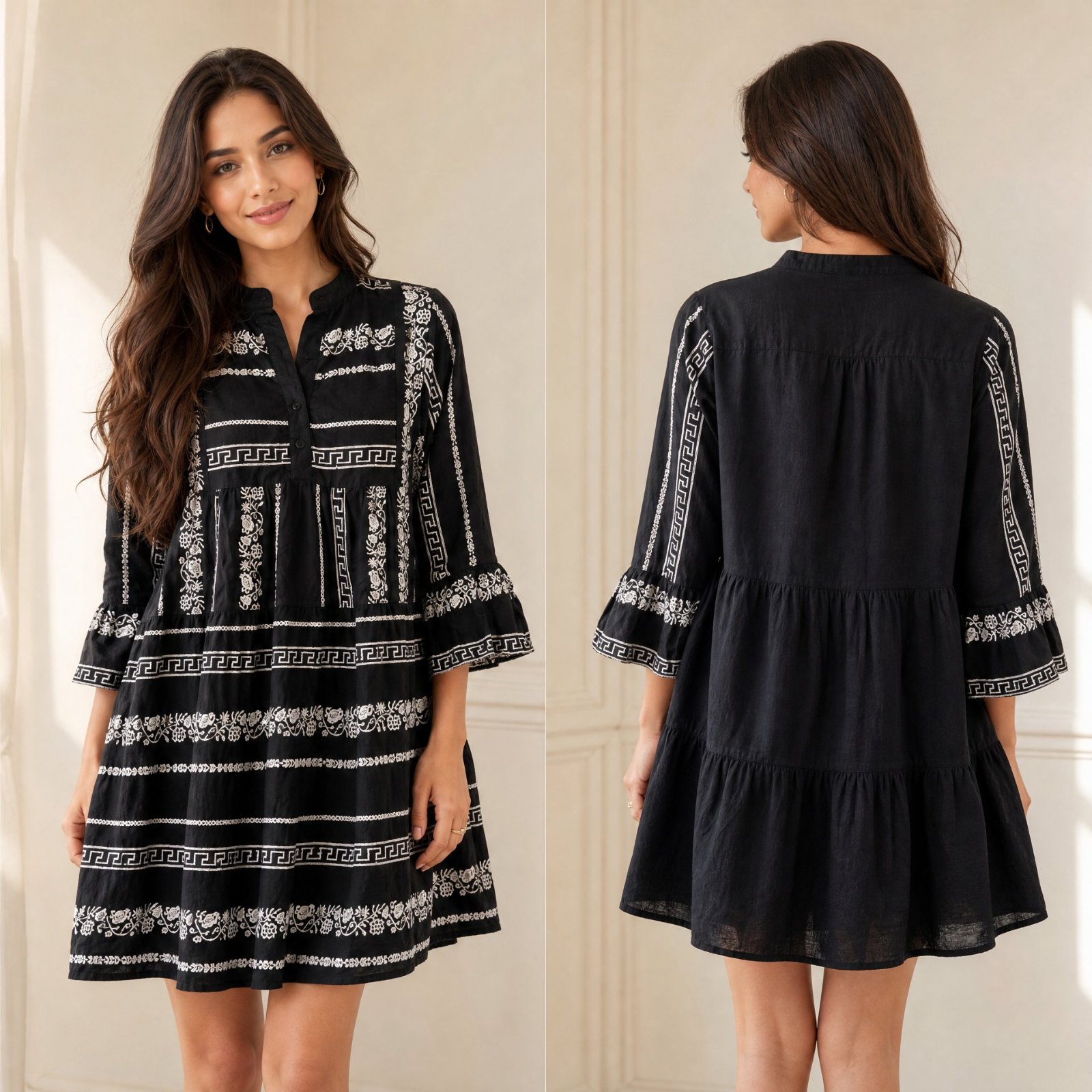 ✨ Robe Courte Bohème Noire Brodée Blanche "Jaipur" en 100% Coton – Taille S/M – État Neuf ✨🔥✨🌹🔥✨🥰
