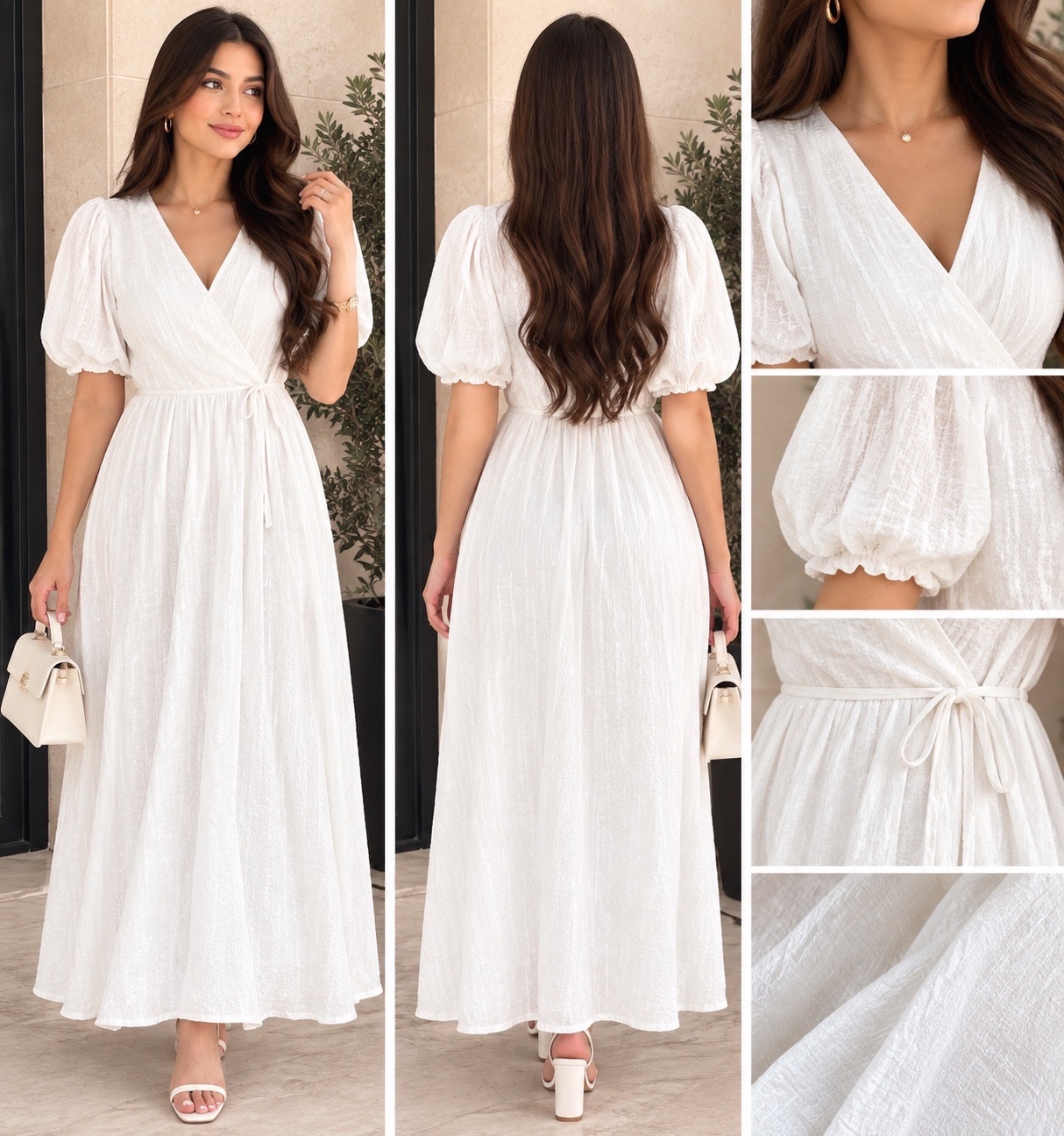 🤍✨ Sublime Robe Longue Blanche Écru BIANCΟ LUCCI – Coupe Féminine & Élégante, Décolleté Croisé, Manches Bouffantes & Taille Ajustable – Neuve Avec Étiquette ✨🤍🔥🌹🤍