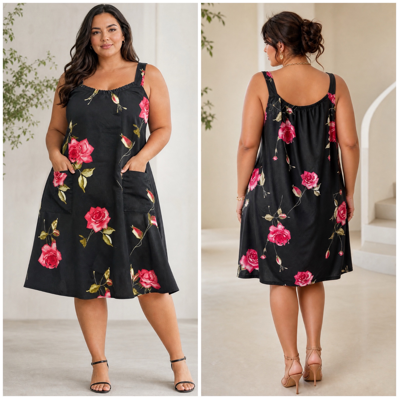🌸 Sublime Robe Noire à Roses Éclatantes – Coupe Curvy Chic & Élégante avec Poches Pratiques ✨🔥🌹✨
