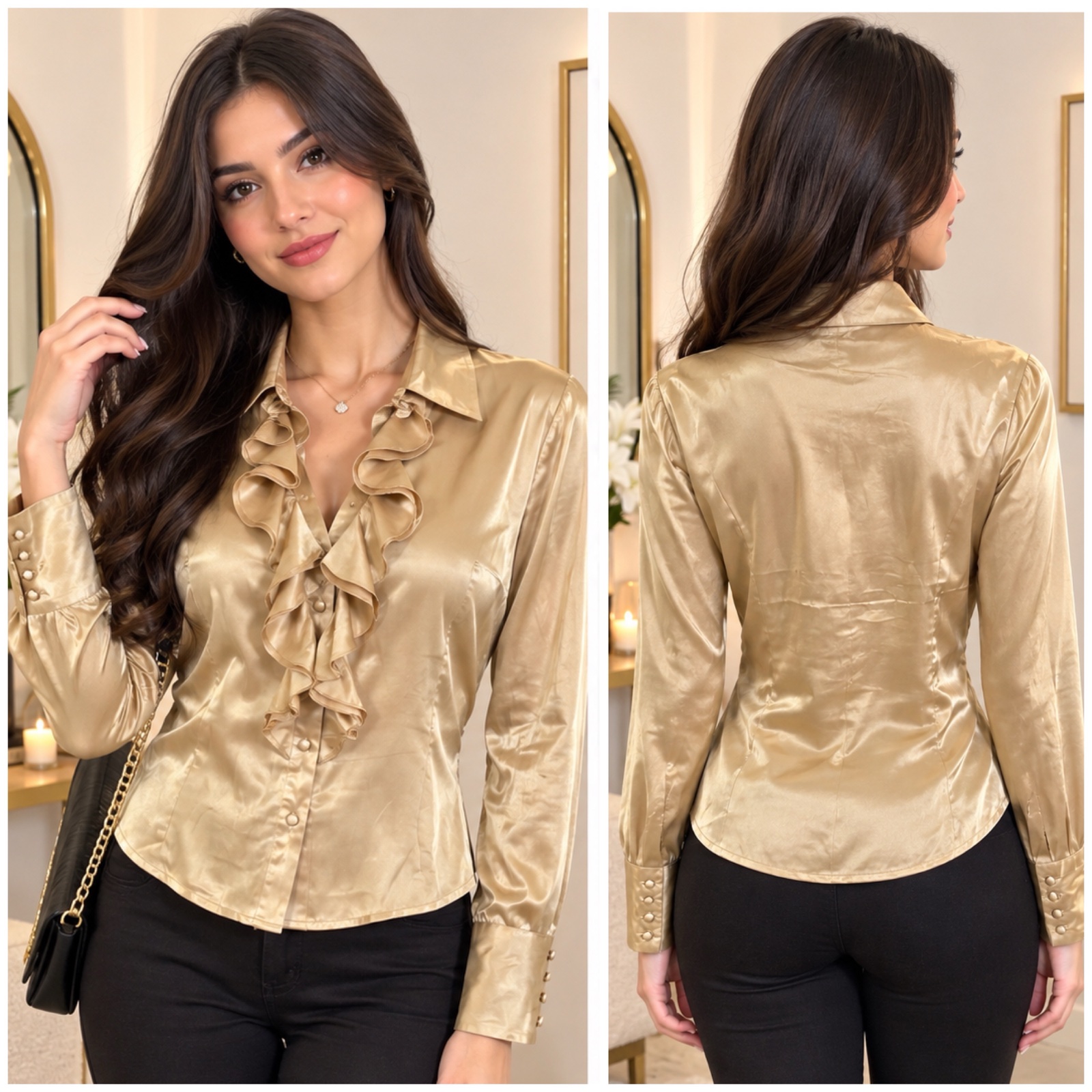 ✨ Chemise Satinée Dorée à Volants Romantiques – Élégance Intemporelle, Coupe Féminine Chic, Style Raffiné pour Soirées, Bureau et Occasions Spéciales ✨🌹🔥🥰