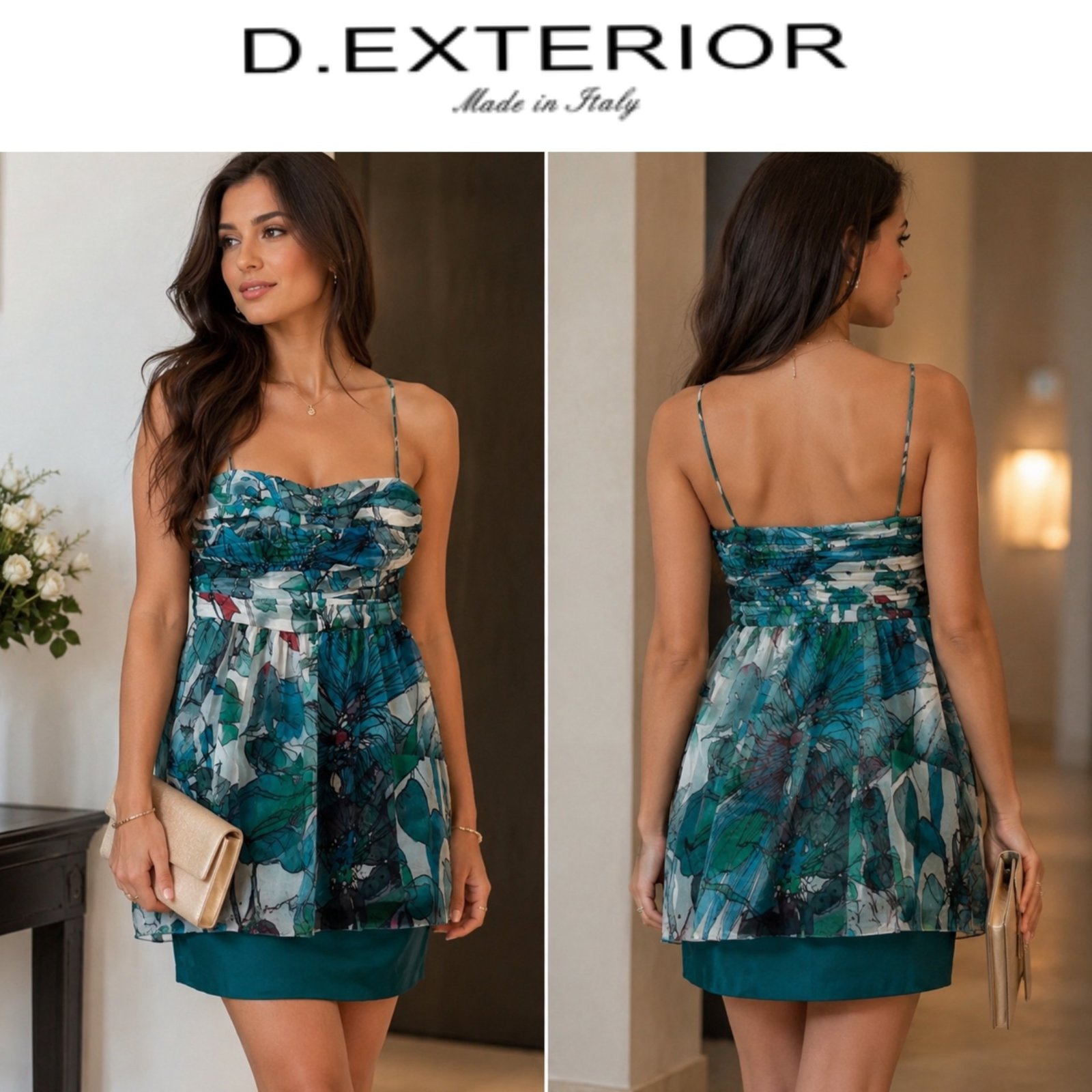 💎 Robe 100% Soie D. Exterior Made in Italy – Luxe Italien – Imprimé Turquoise Élégant – Cocktail, Mariage & Soirée 💎🔥😍🌹🥰🥰🔥🔥