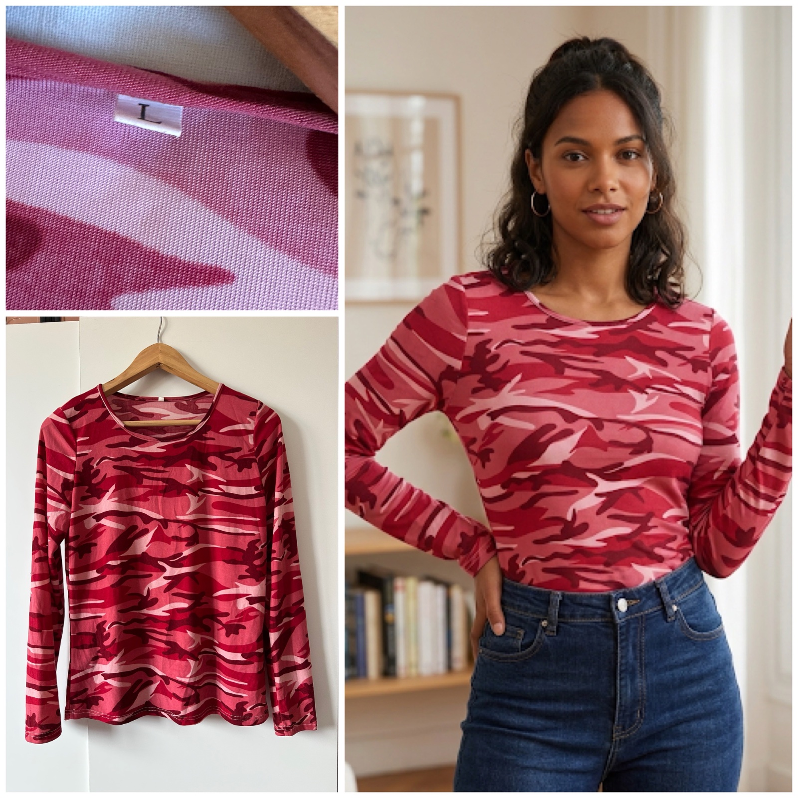 Haut à manches longues - Motif Camouflage Rose & Bordeaux🌹