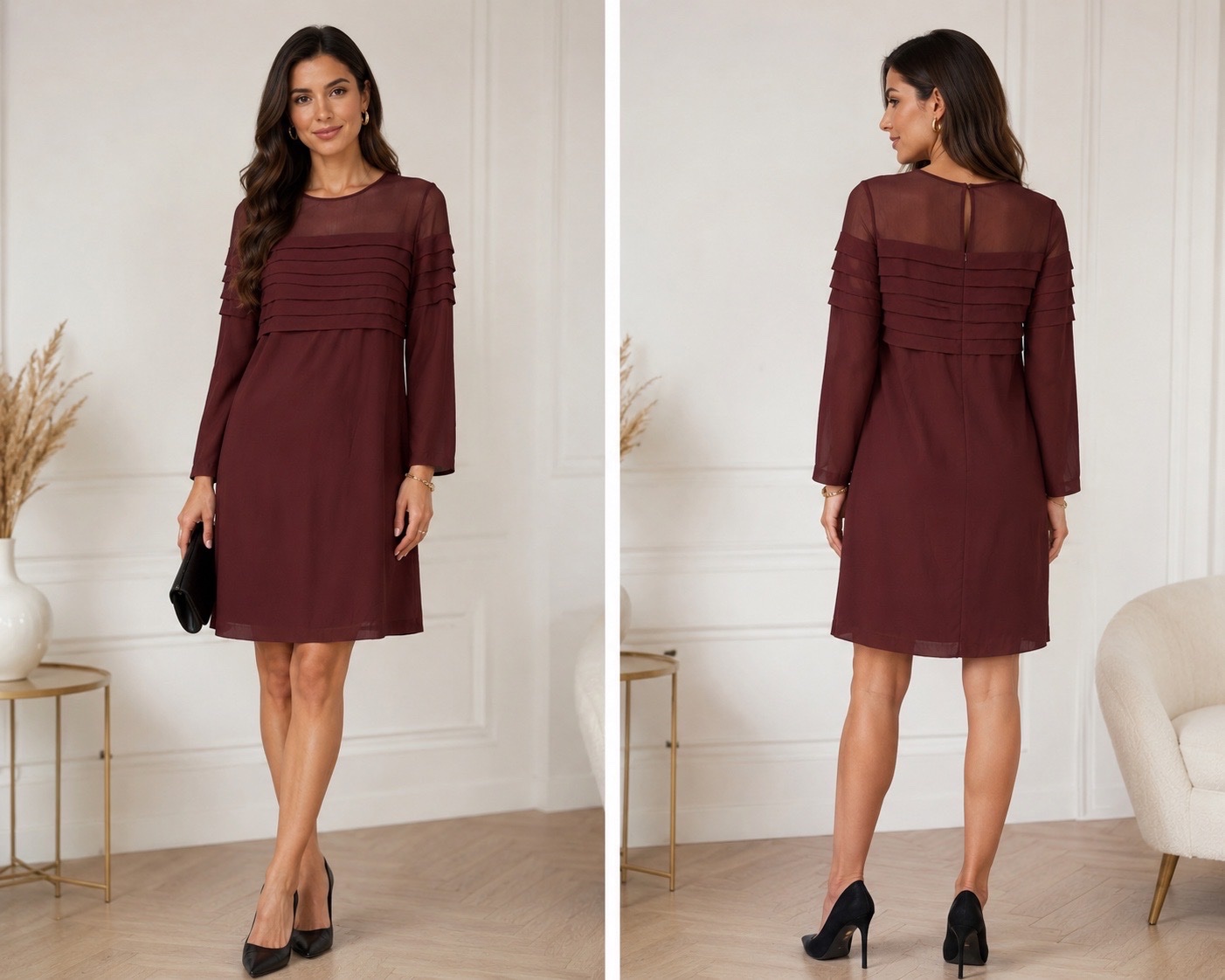 ✨ Robe Morgan Bordeaux Élégance Transparente ✨ Robe Chic Femme manches longues voile & détails plissés – style soirée, dîner, événement 💃🌹❤️🔥🥰