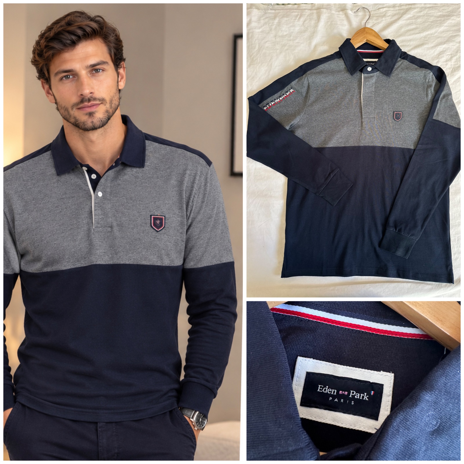 ✨ Polo homme Eden Park Paris 🇫🇷 – Gris chiné et bleu marine 💙 – Manches longues – 100 % coton – Style chic, élégant et sportif – Coupe moderne 👔🔥