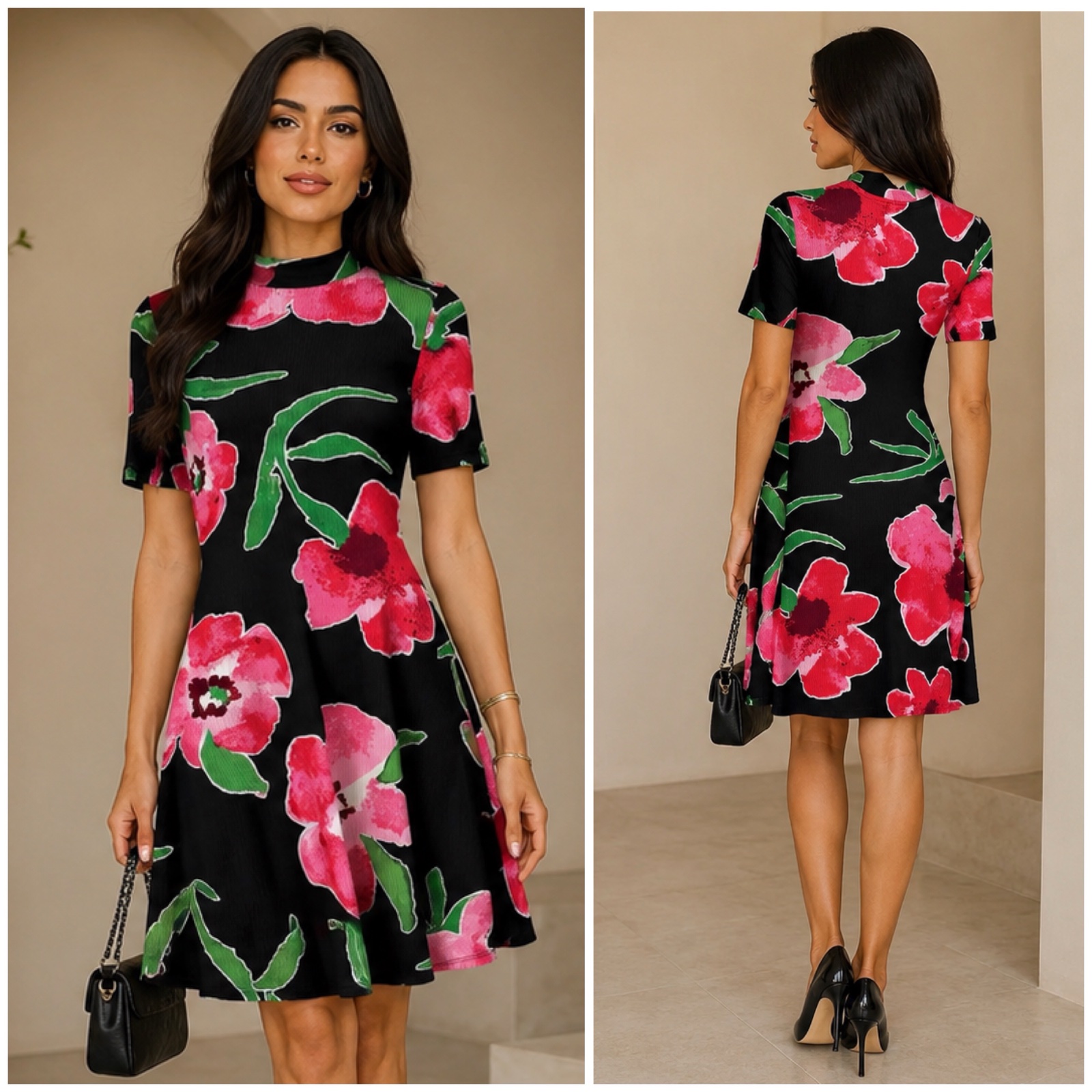 ✨🌺 Magnifique Robe Desigual Noire à Fleurs Roses & Vertes – Coupe Évasée Chic et Élégante – Taille L – Look Féminin & Original 🌺✨✨🔥💕