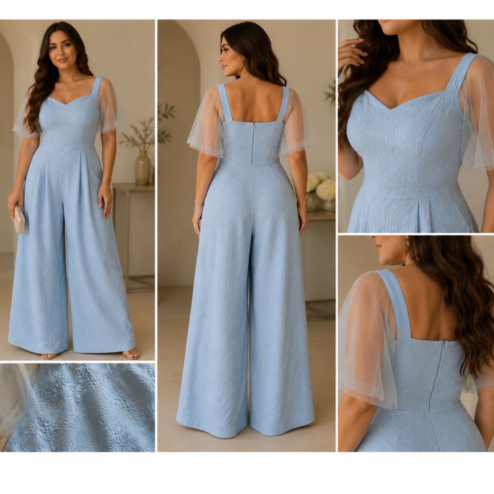 ✨🩵 ÉLÉGANTE COMBINAISON BLEU CIEL TEXTURÉE 💙✨ | Manches en tulle transparentes | Décolleté cœur chic | Coupe fluide jambes larges | Idéale pour mariage, fiançailles, soirée & cérémonie | État impeccable 🌸🔥🌹🩵✨🌸