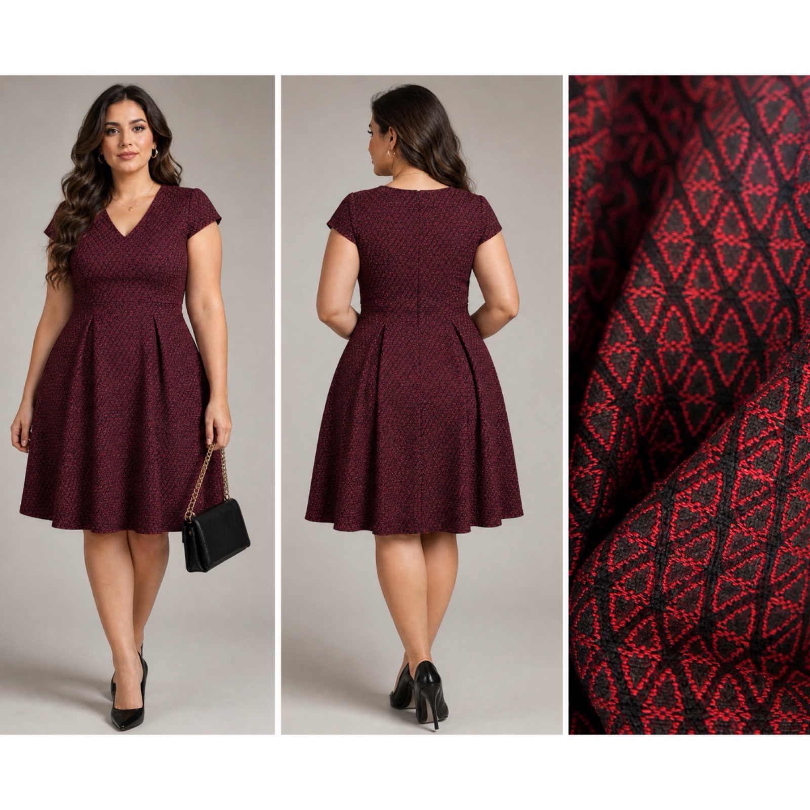 🌹🔥Robe Castaluna bordeaux chic et élégante à motifs – Coupe évasée flatteuse – Grande taille – Style intemporel et féminin🔥🔥✨🥰🌹✨🔥