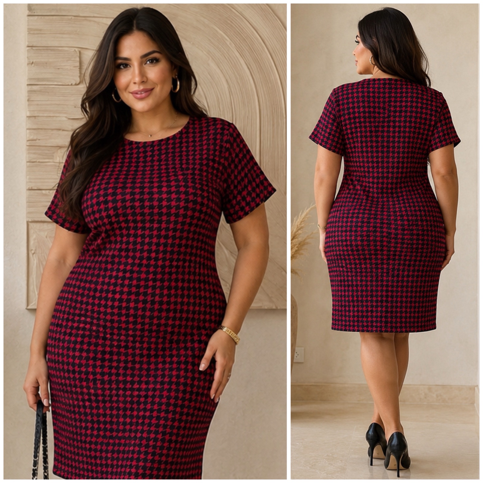 ✨ Robe chic et élégante rouge & noire à motif pied-de-poule – Coupe droite flatteuse, manches courtes, longueur genoux – Style habillé et tendance pour femme ✨🔥🌹🥰✨