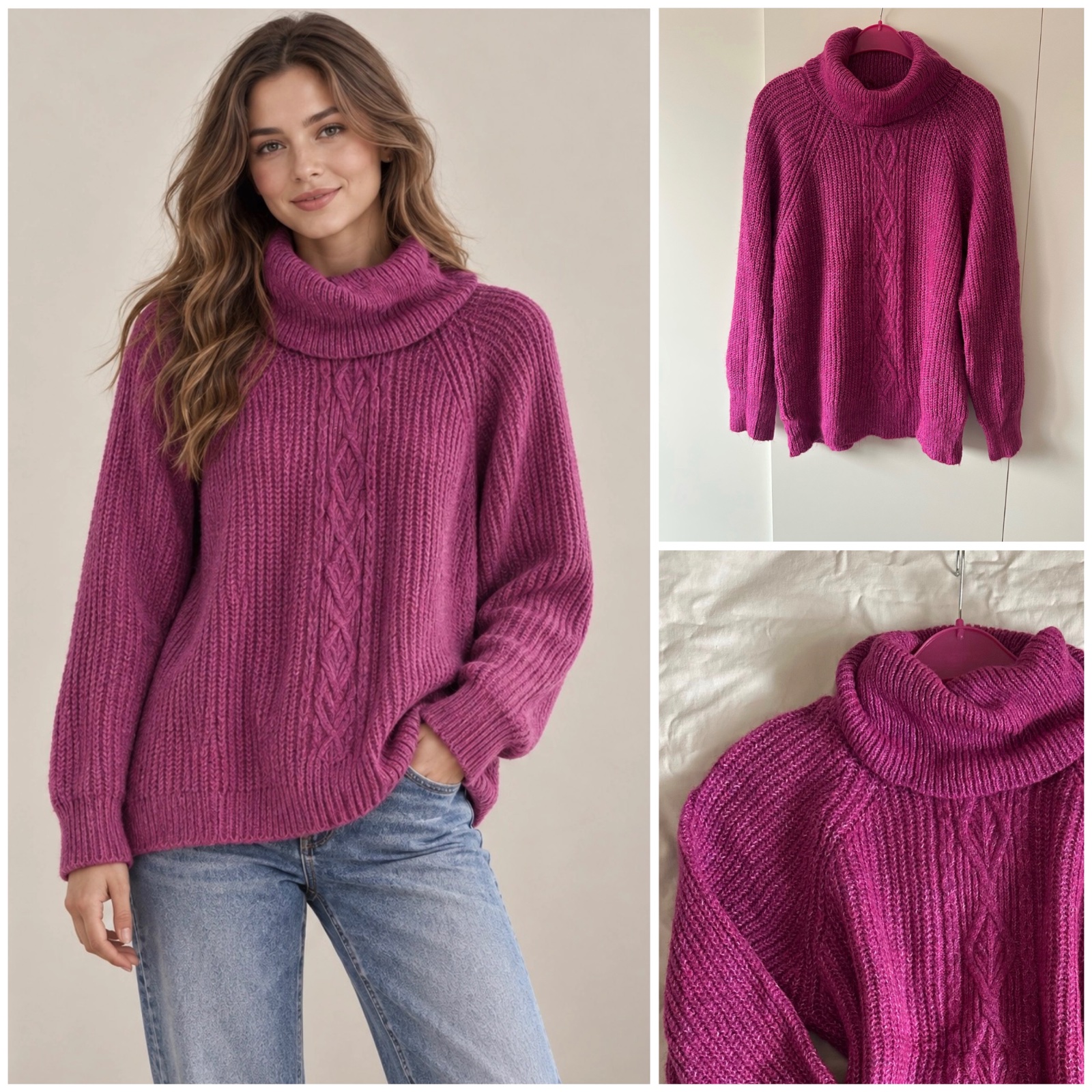 ✨ Pull col roulé violet fuchsia – Maille torsadée élégante, coupe oversize confortable & ultra tendance 💜🧶💞🌸