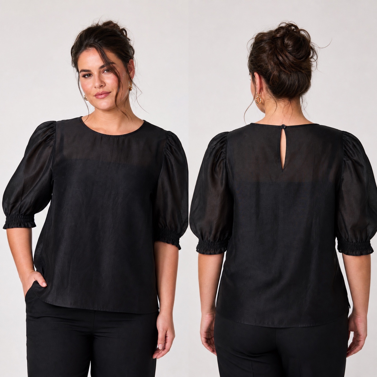 🖤 TOP H&M ÉLÉGANT 🖤 Manches Bouffantes & Dos Goutte d’Eau Boutonné - Tissu Léger Transparent - Taille 42 - Chic & Polyvalent ! ✨