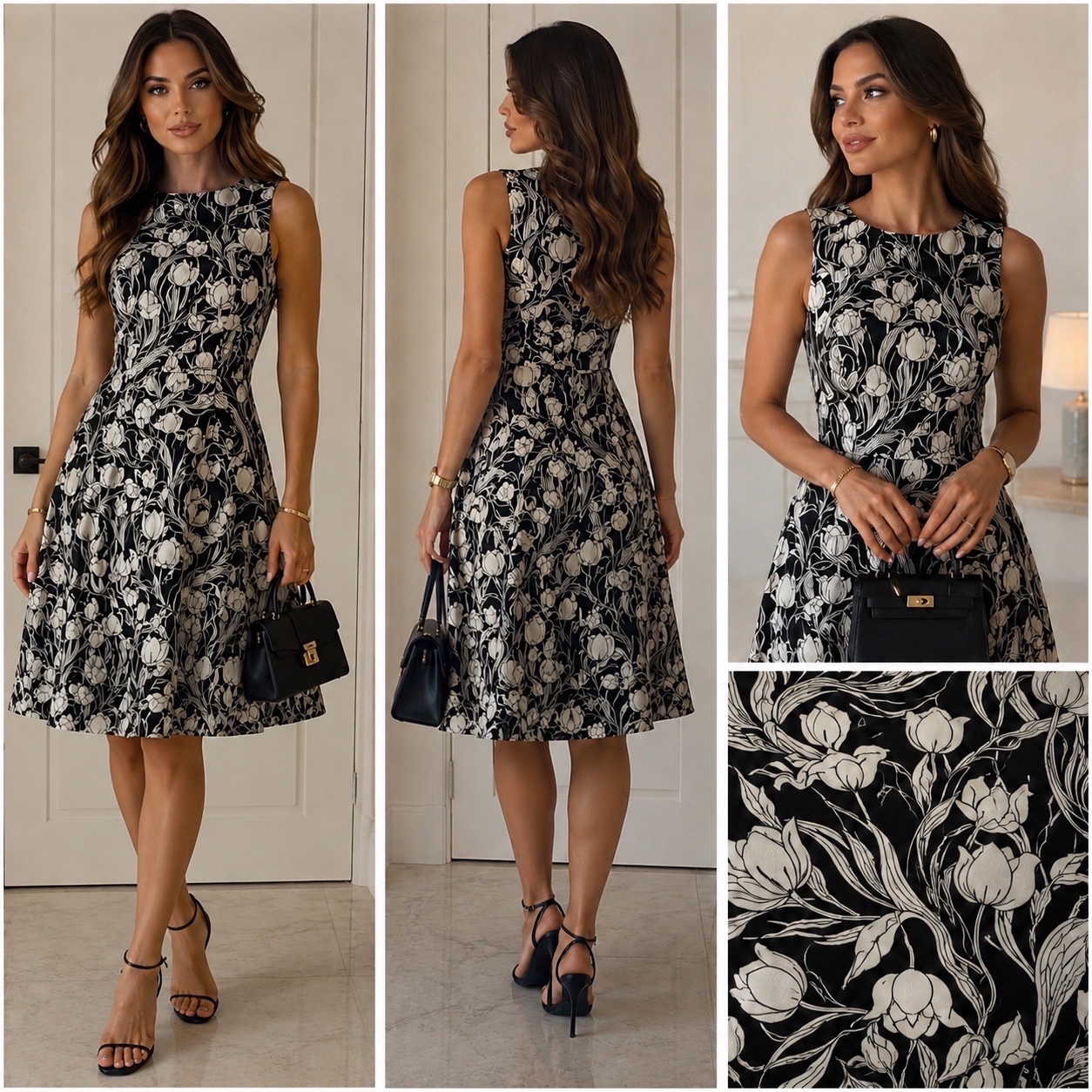     🖤👗 S. Max Mara  ✨ Robe Midi Fleurie Noir & Blanc • Élégance Assurée avec poches 🔥