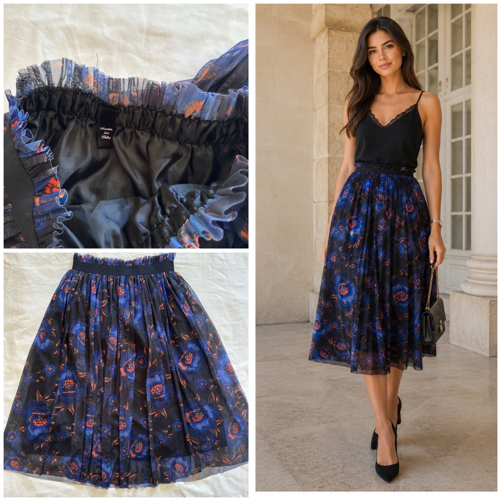 ✨ JUPE  FLUIDE EN TULLE FLEURI BLEU & NOIR ✨ Chic • Élégante • Taille Élastique • Style Princess Soft Glam 💙🖤🌸🔥🥰🔥🌹💞💕🩵