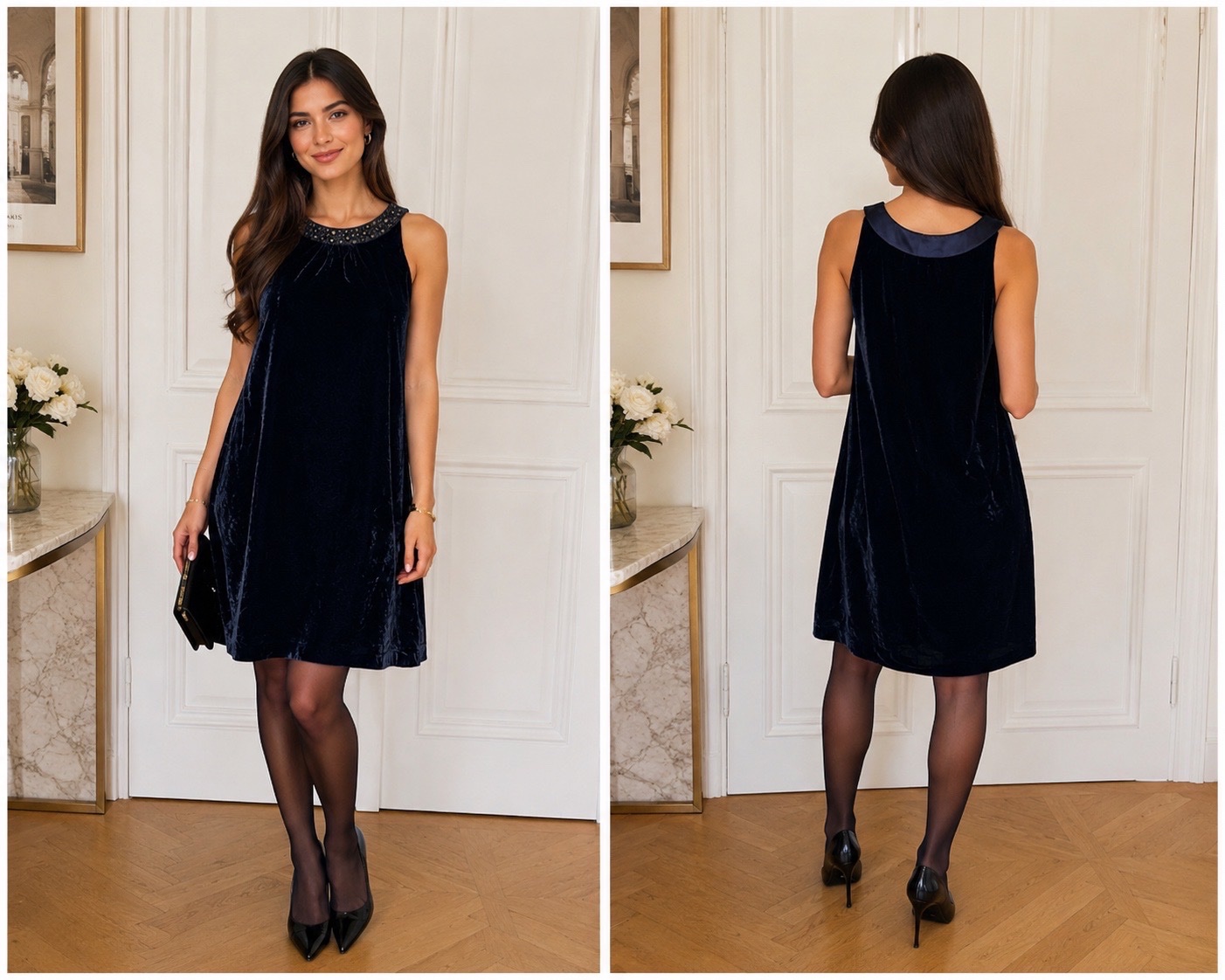 ✨ Robe H&M en velours bleu nuit avec col orné de perles et strass – Élégance chic & intemporelle pour vos soirées et occasions spéciales ✨🌹🌸🌹💙✨✨🔥🔥🔥