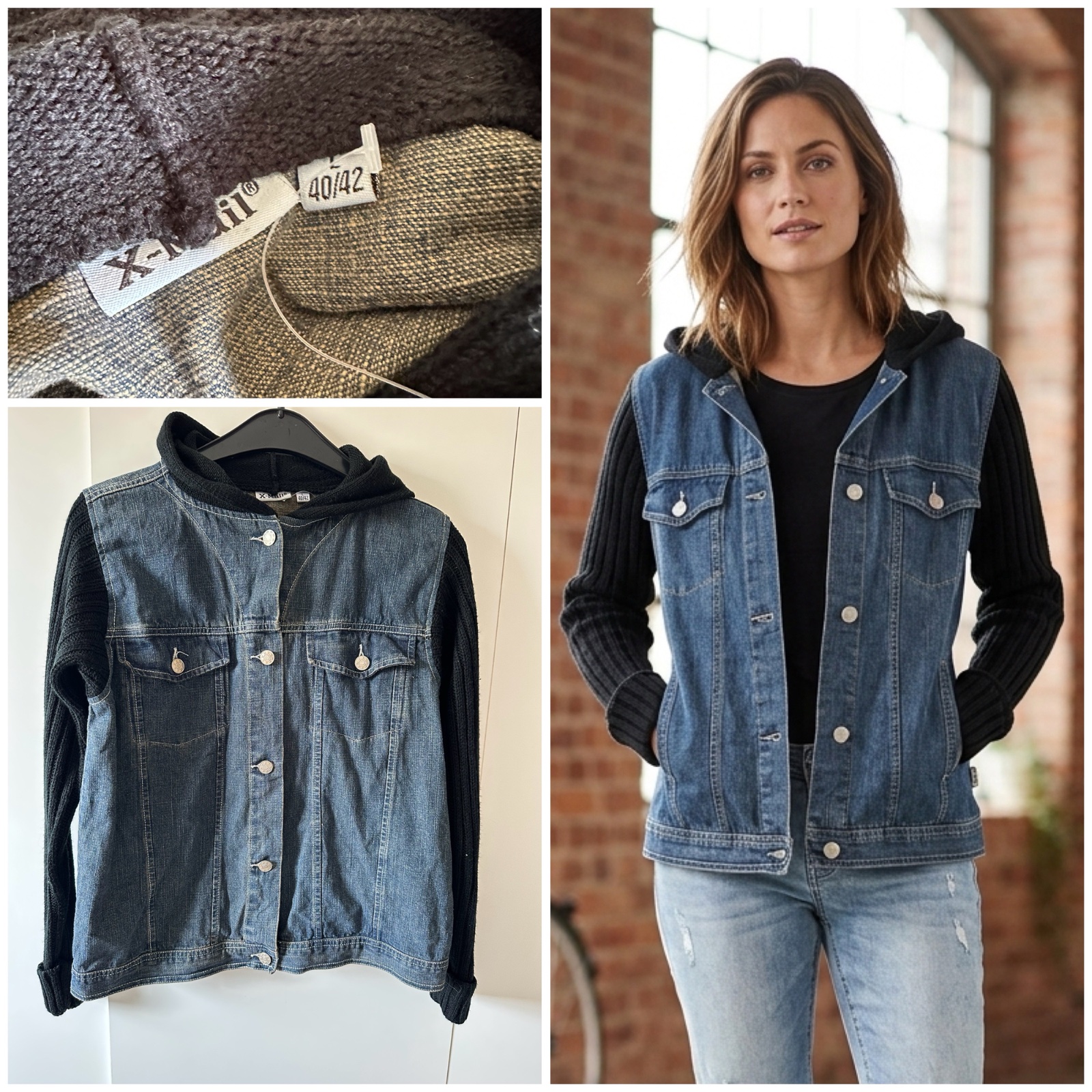 Veste en jean bi-matière avec manches et capuche en maille - T40/42 🖤