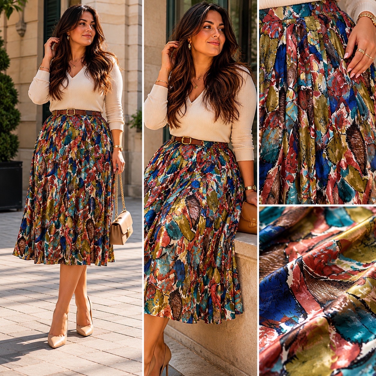🌿 Jupe Midi Canda Vintage Chic & Fluide – Imprimé Artistique Multicolore – Taille Haute Élégante Curvy Style 🌿✨🔥🥰🌹✨🔥🥰🌹