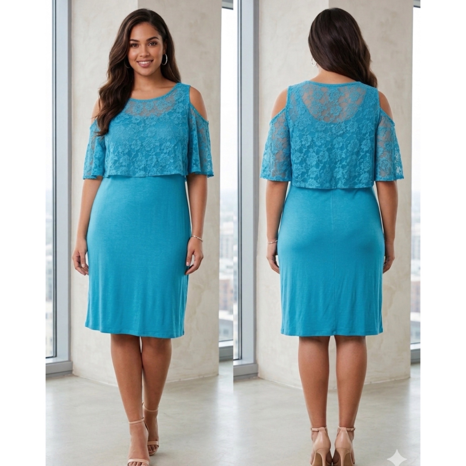 Magnifique Robe de Soirée Bleu Cyan Fluide avec Cape Dentelle / Marque Américaine 🔥🥰🔥🩵💞🌸🔥✨