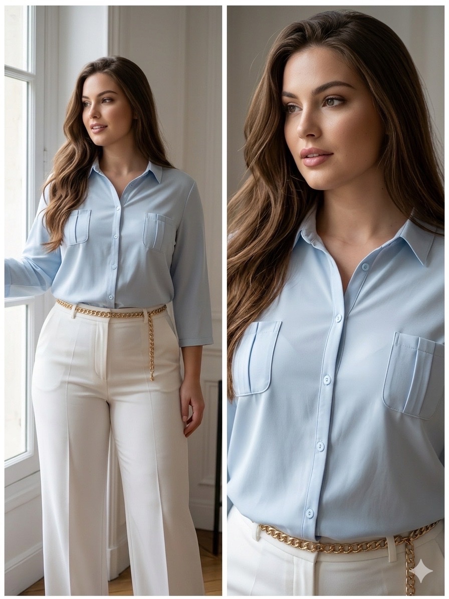 Chemise Biaggini Bleu Ciel Fluide – Coupe Chic Élégante, Taille 46 (Idéal Grande Taille / Curvy)🌹✨🔥🌹✨