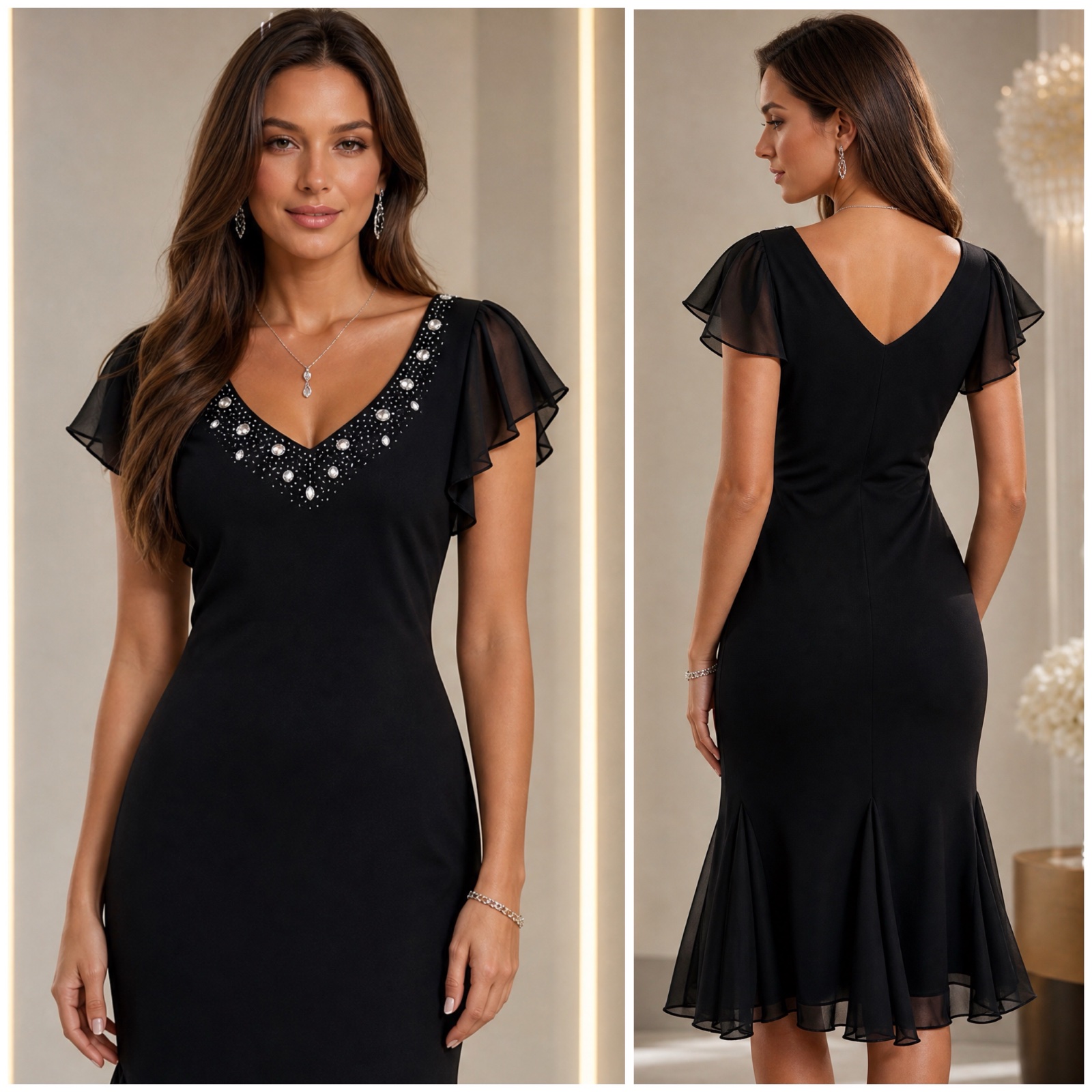 ✨ Sublime Robe de Soirée Noire S.L. Fashions - Décolleté Bijoux & Volants Mousseline - Élégance Chic Absolue ✨🔥✨🖤🥰🌹